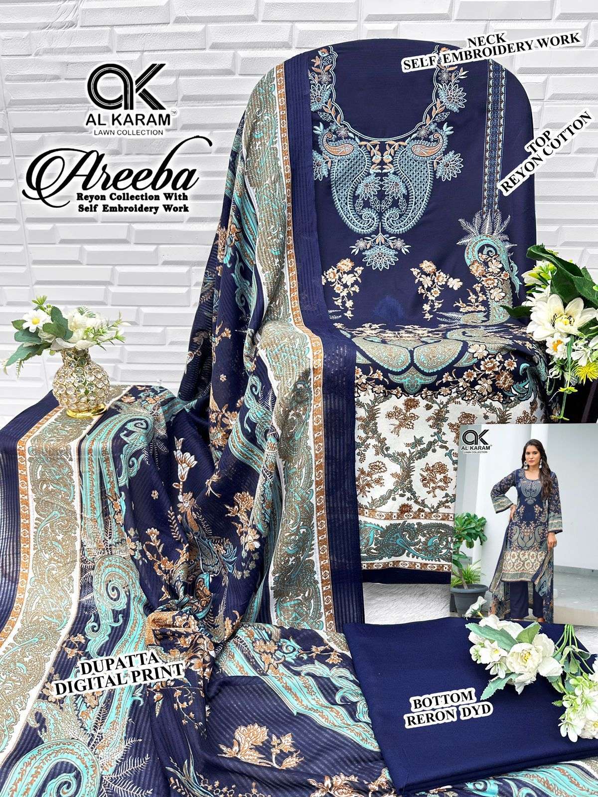 AL KARAM AREEBA COTTON DESIGNER PRINT WITH FANCY WORK SUIT