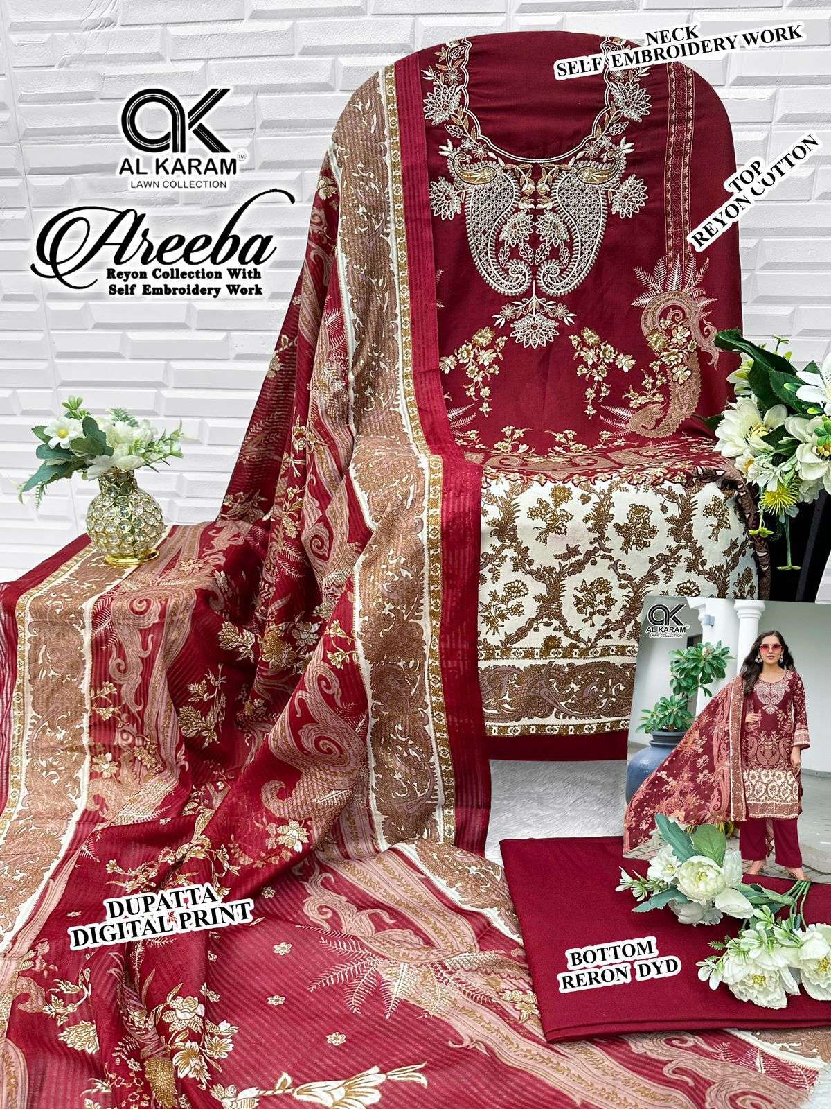AL KARAM AREEBA COTTON DESIGNER PRINT WITH FANCY WORK SUIT