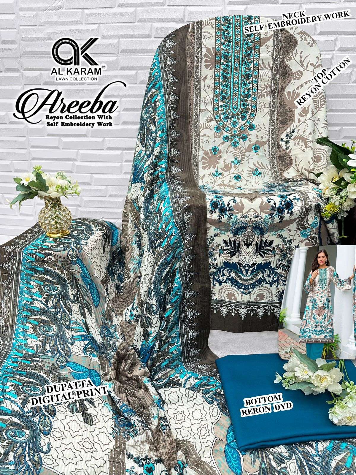 AL KARAM AREEBA COTTON DESIGNER PRINT WITH FANCY WORK SUIT