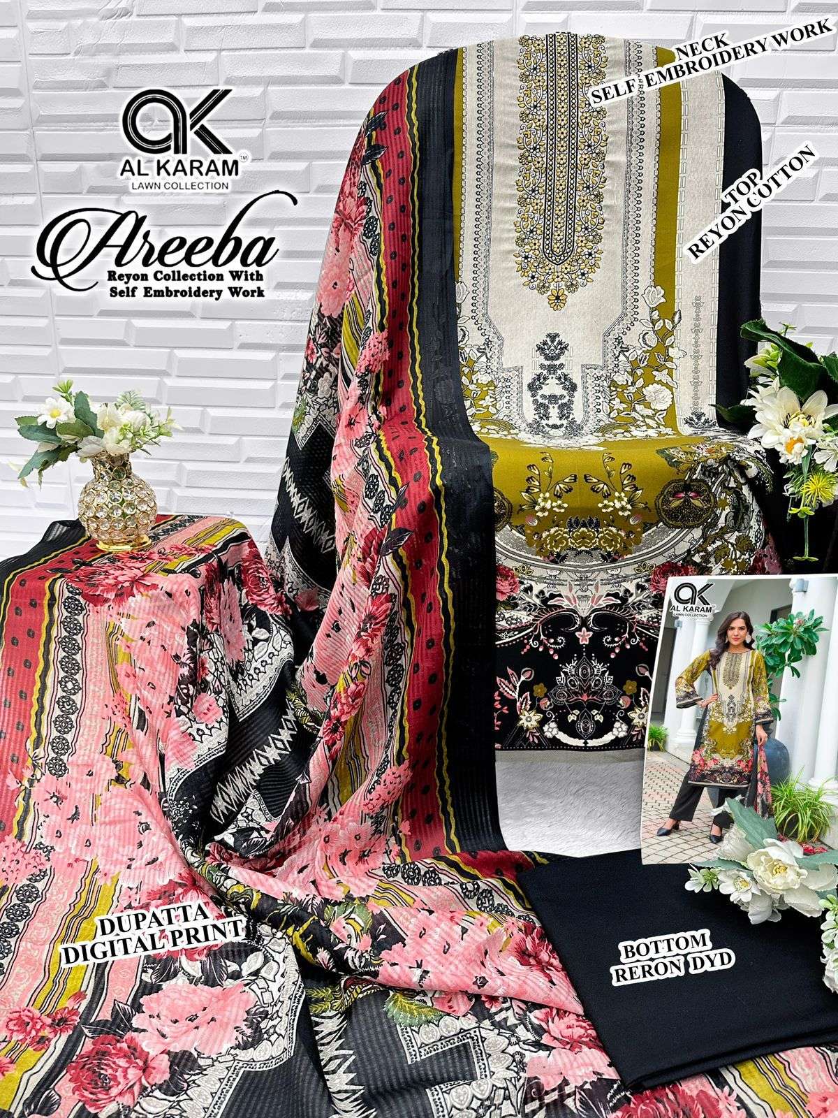 AL KARAM AREEBA COTTON DESIGNER PRINT WITH FANCY WORK SUIT