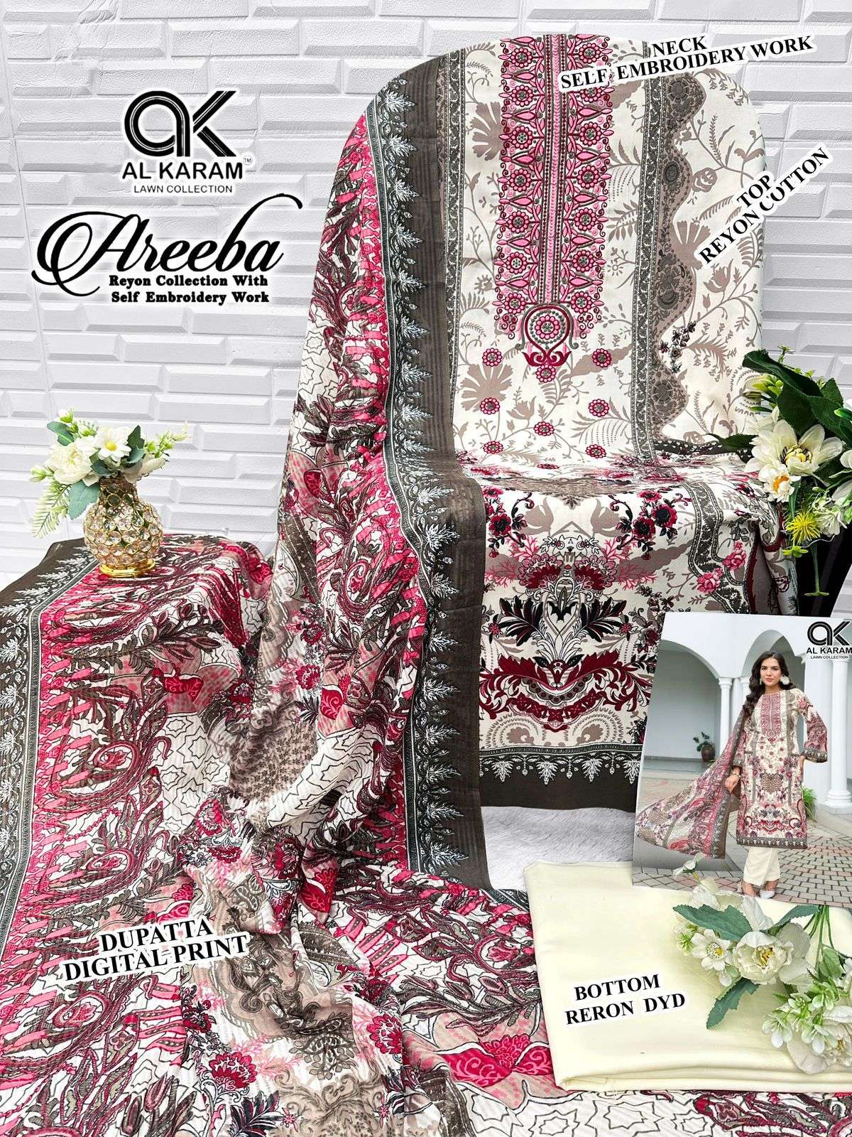 AL KARAM AREEBA COTTON DESIGNER PRINT WITH FANCY WORK SUIT