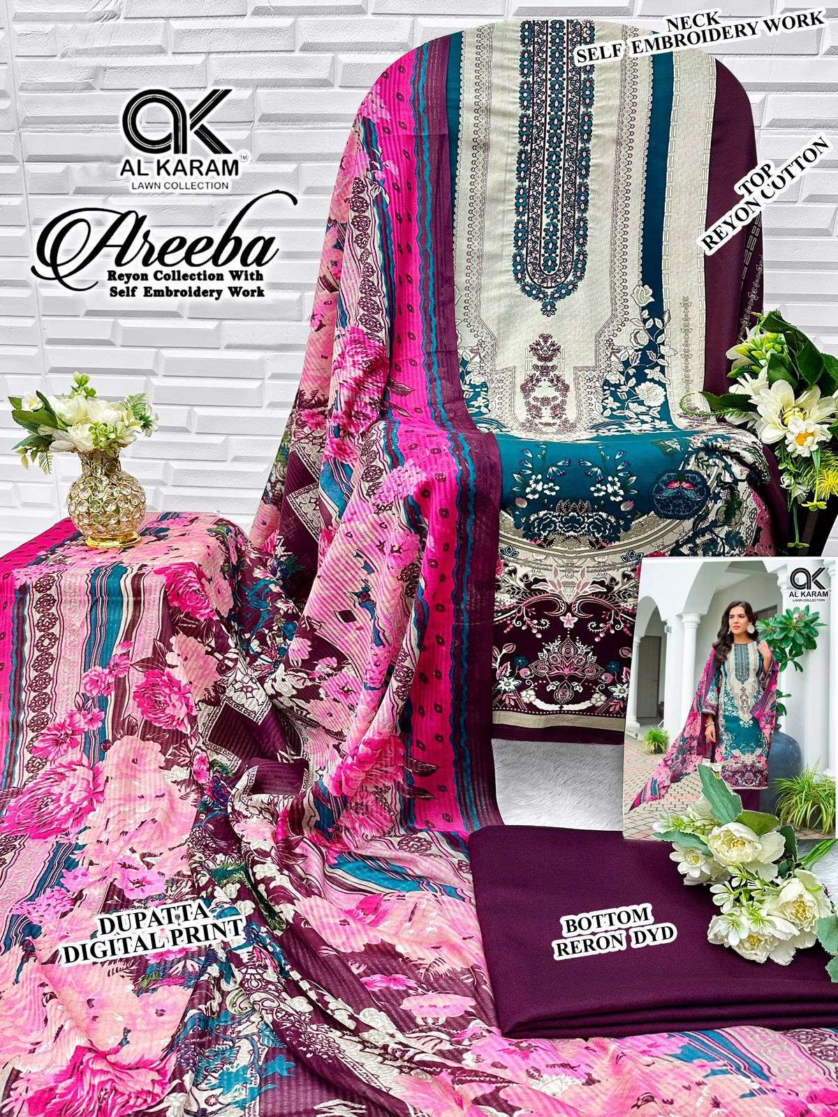 AL KARAM AREEBA COTTON DESIGNER PRINT WITH FANCY WORK SUIT