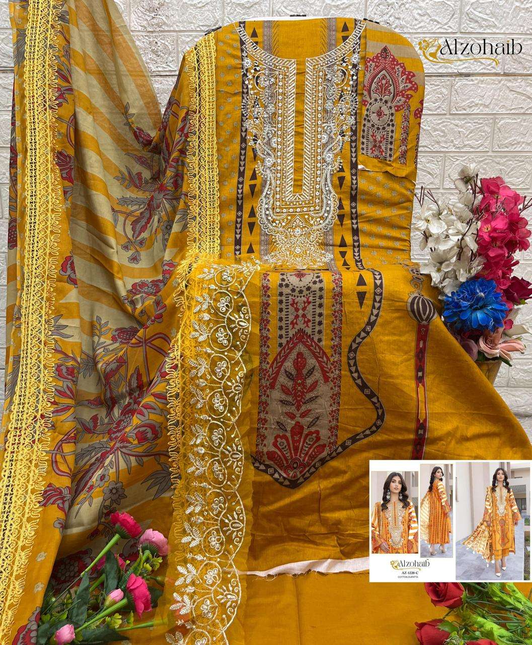 AL ZOHAIB DESIGN NO - 1220 ABCD COTTON PRINT SELF WORK PAKISTANI SALWAR SUIT 
