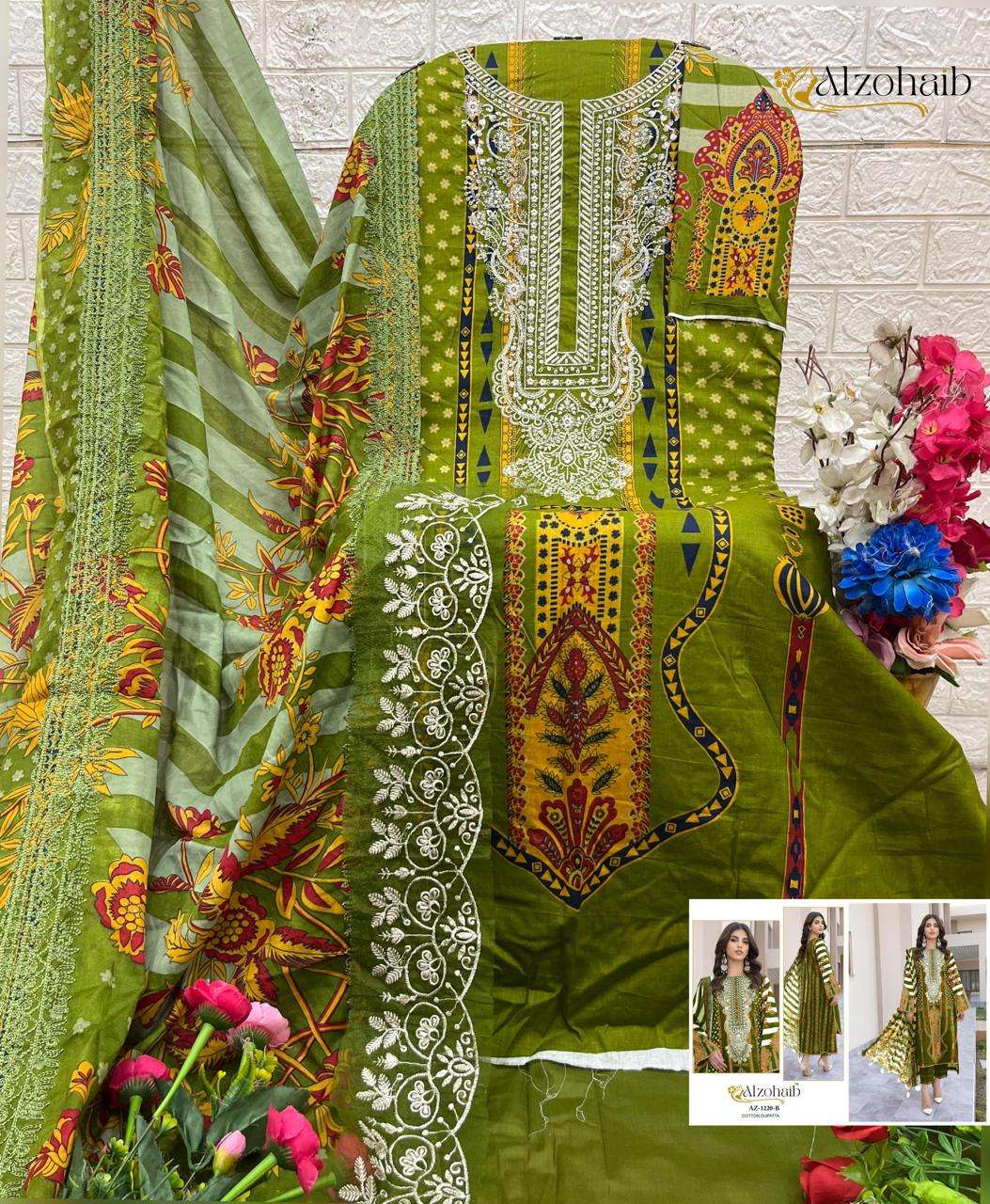 AL ZOHAIB DESIGN NO - 1220 ABCD COTTON PRINT SELF WORK PAKISTANI SALWAR SUIT 