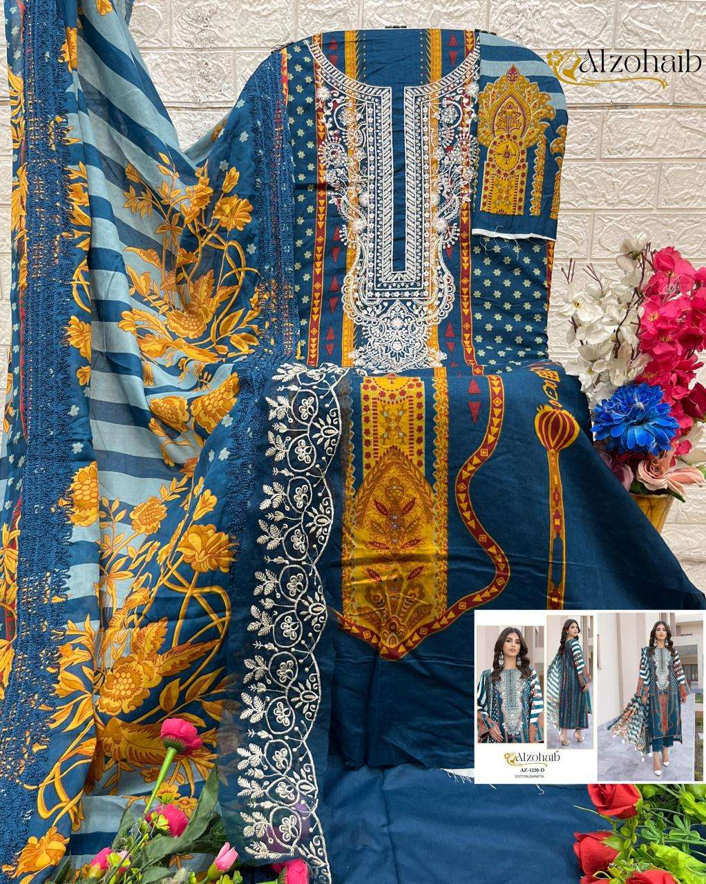 AL ZOHAIB DESIGN NO - 1220 ABCD COTTON PRINT SELF WORK PAKISTANI SALWAR SUIT 