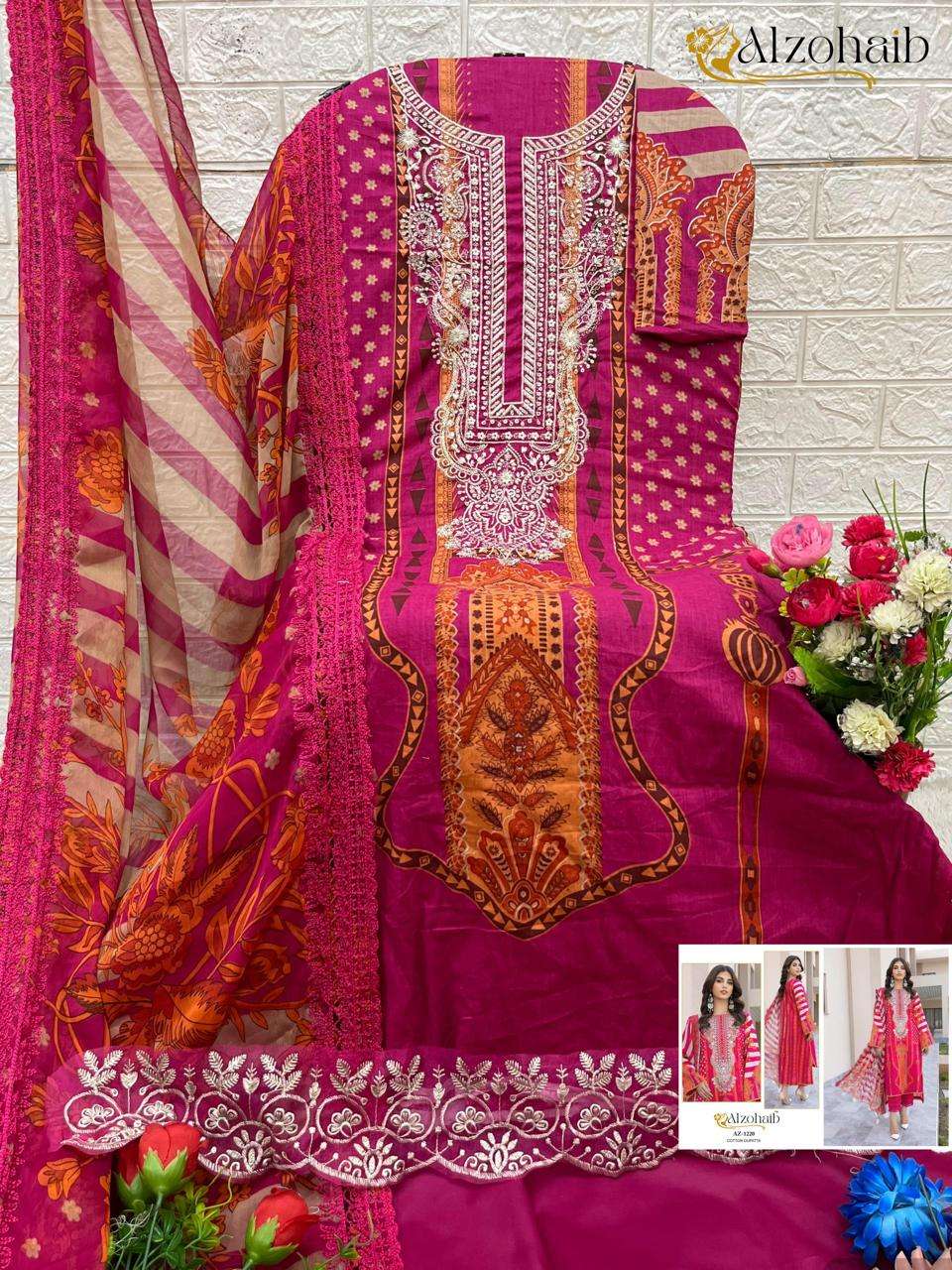 AL ZOHAIB DESIGN NO - 1220 ABCD COTTON PRINT SELF WORK PAKISTANI SALWAR SUIT 