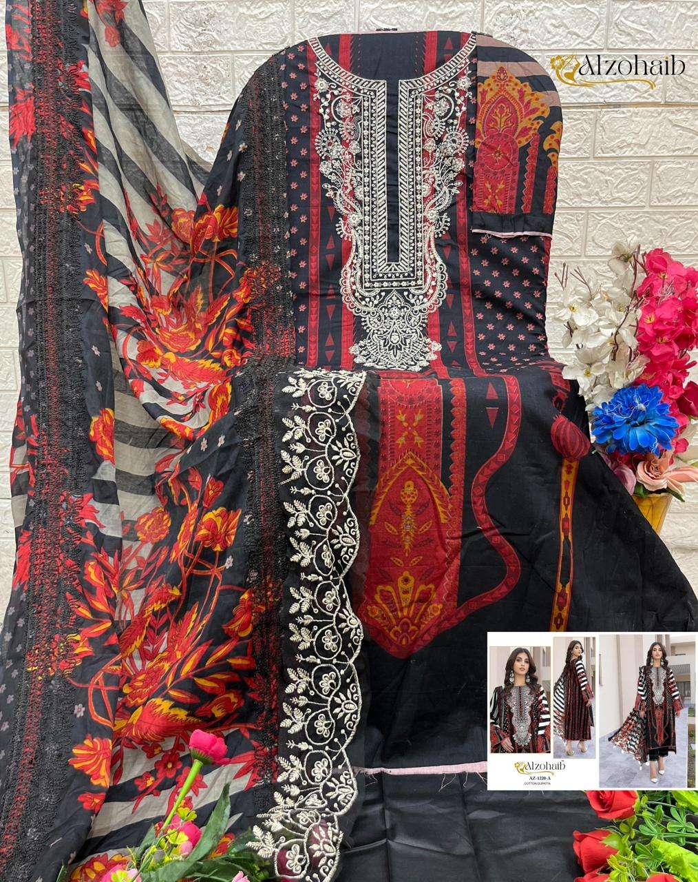 AL ZOHAIB DESIGN NO - 1220 ABCD COTTON PRINT SELF WORK PAKISTANI SALWAR SUIT 