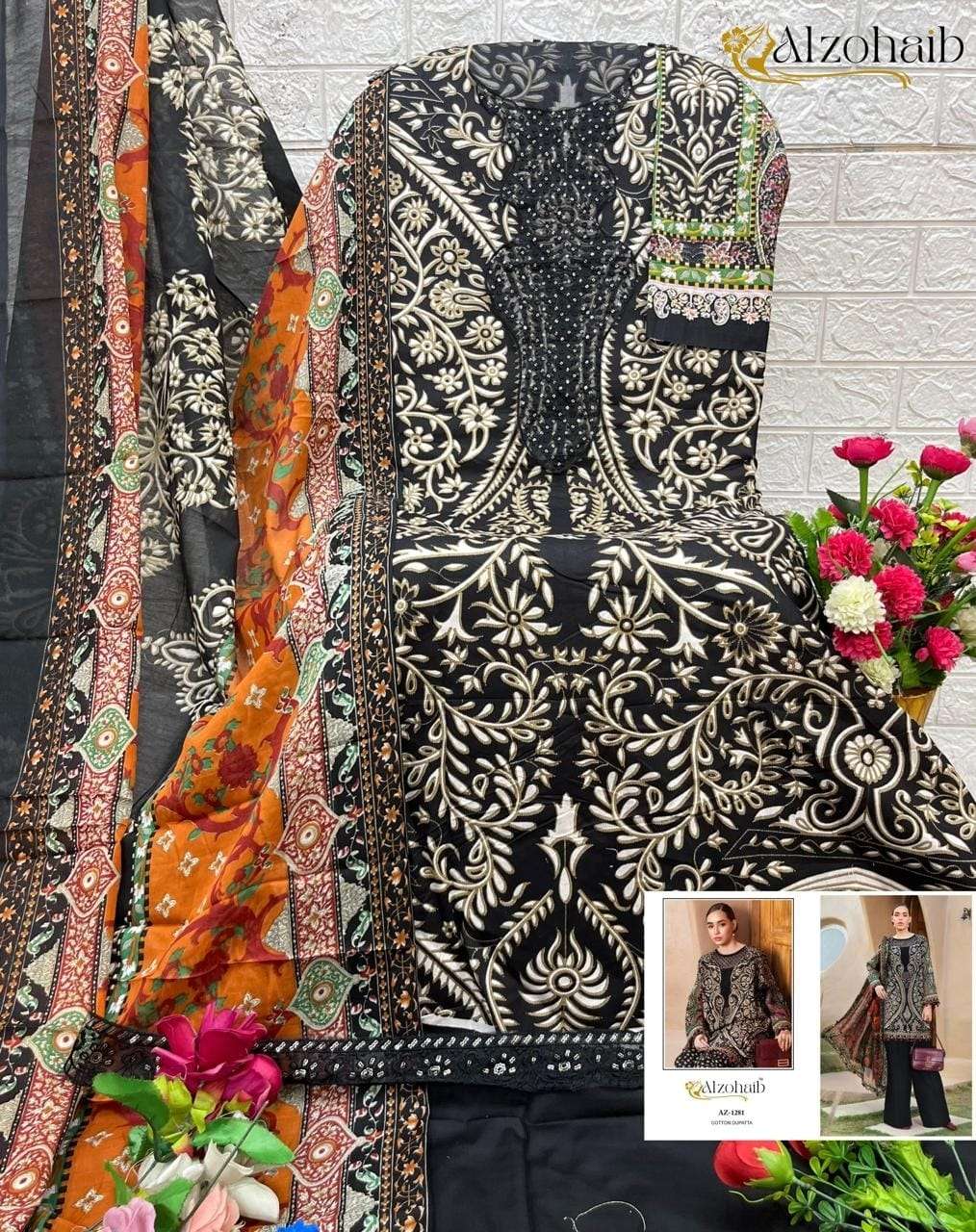 AL ZOHAIB DESIGN NO - 1281 PURE COTTON PRINT HEAVY EMBROIDERED PATCH PAKISTANI SALWAR SUIT 