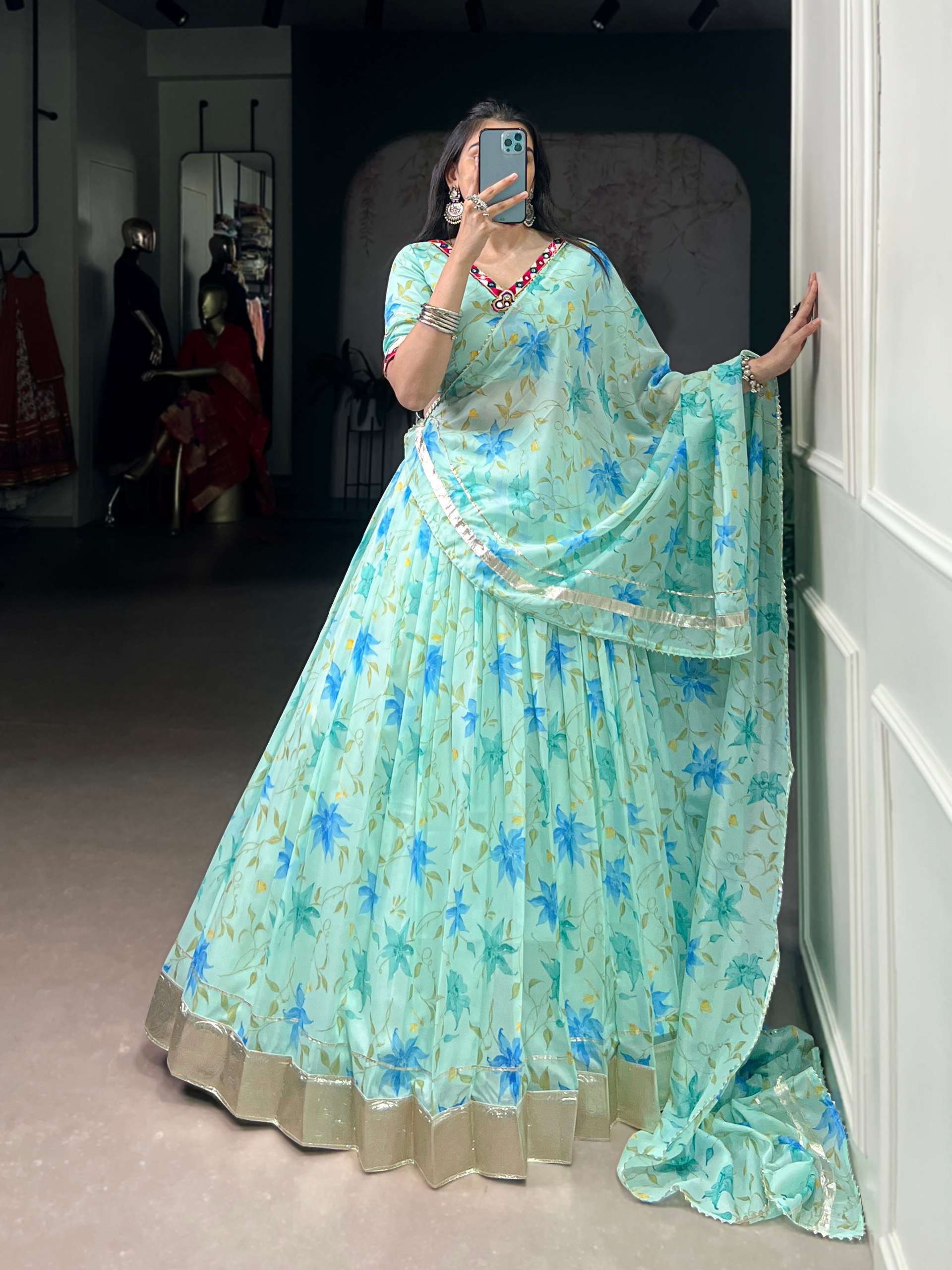 BANDHANI PALACE 1716 TABBY SILK FLORAL PRINT EMBOSSED WORK READYMADE LEHENGA CHOLI SET 