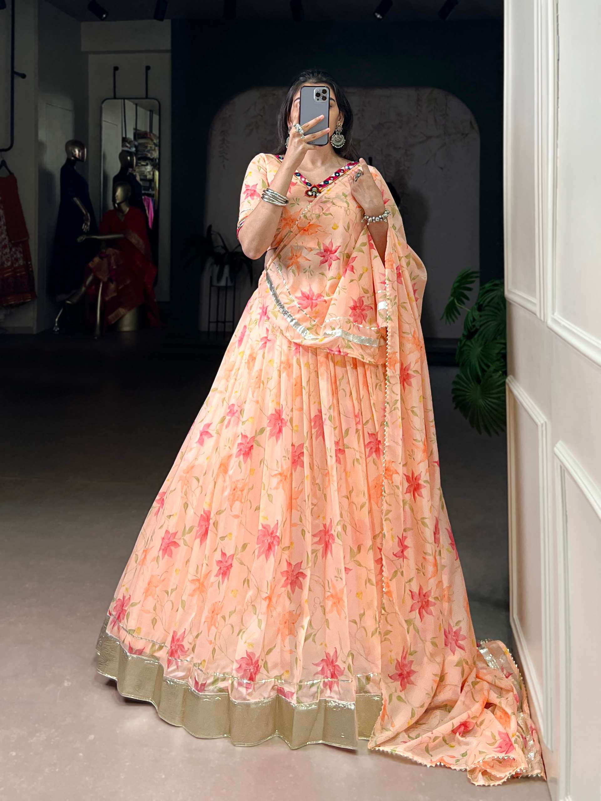 BANDHANI PALACE 1716 TABBY SILK FLORAL PRINT EMBOSSED WORK READYMADE LEHENGA CHOLI SET 