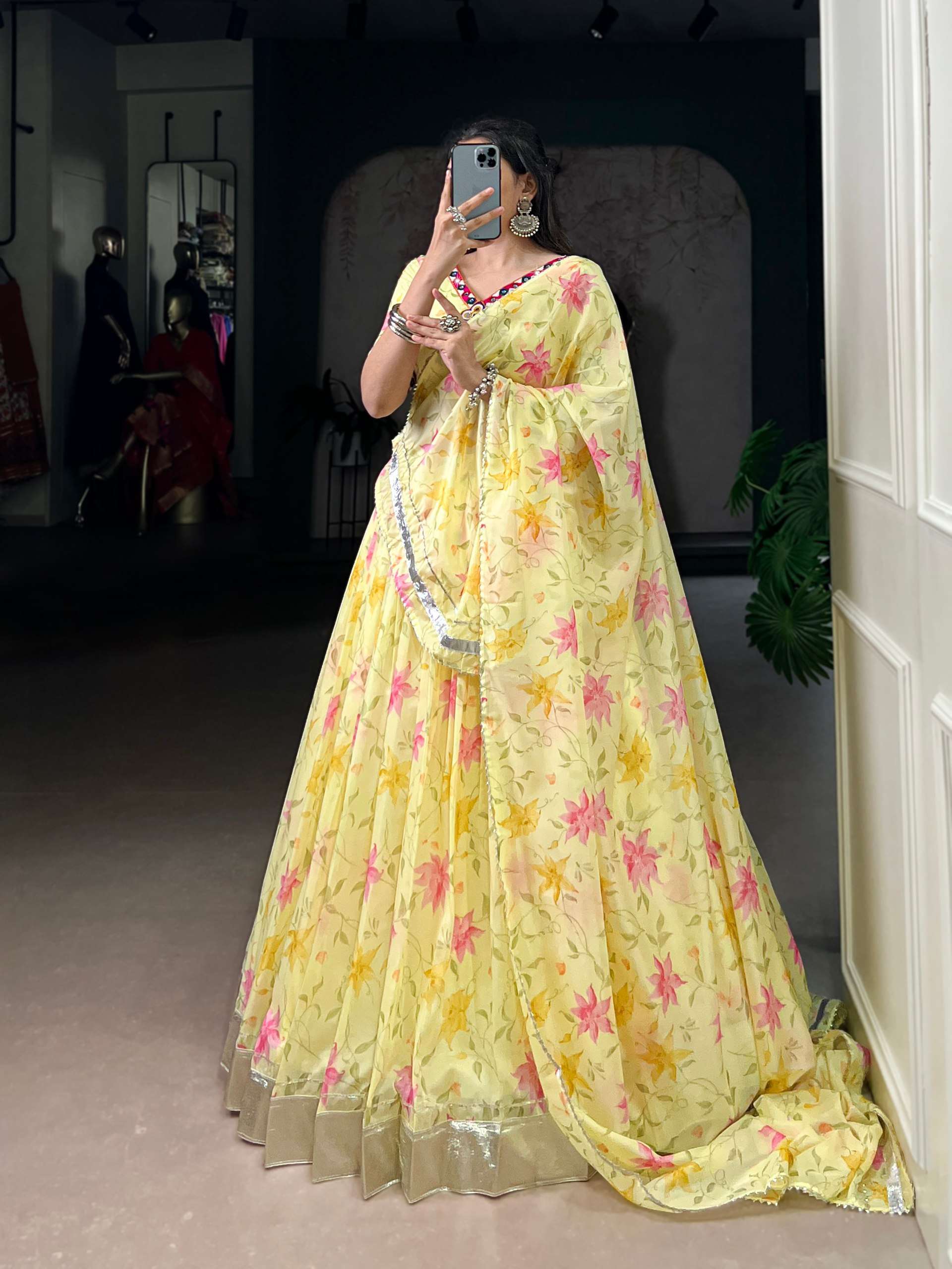 BANDHANI PALACE 1716 TABBY SILK FLORAL PRINT EMBOSSED WORK READYMADE LEHENGA CHOLI SET 