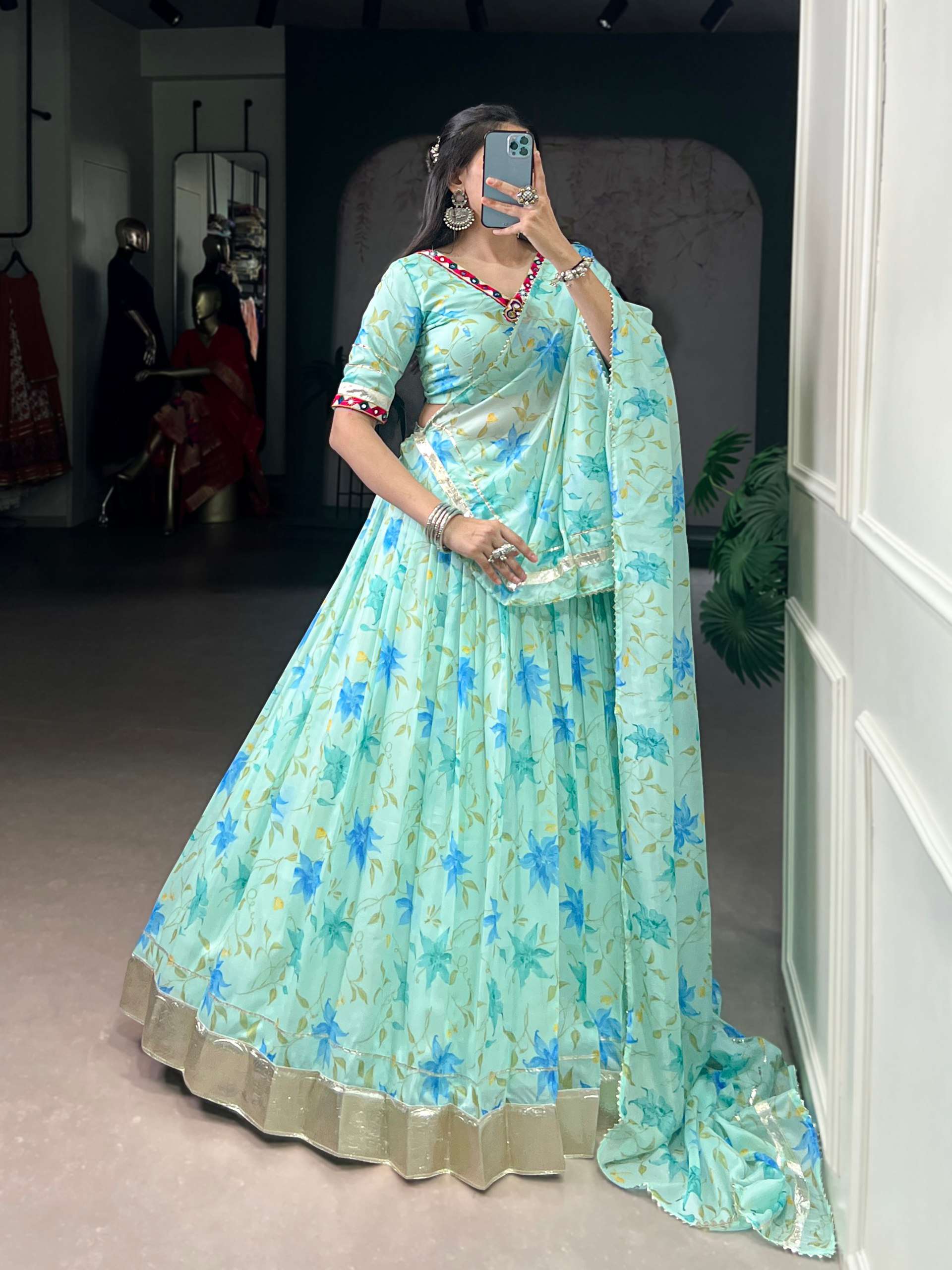 BANDHANI PALACE 1716 TABBY SILK FLORAL PRINT EMBOSSED WORK READYMADE LEHENGA CHOLI SET 