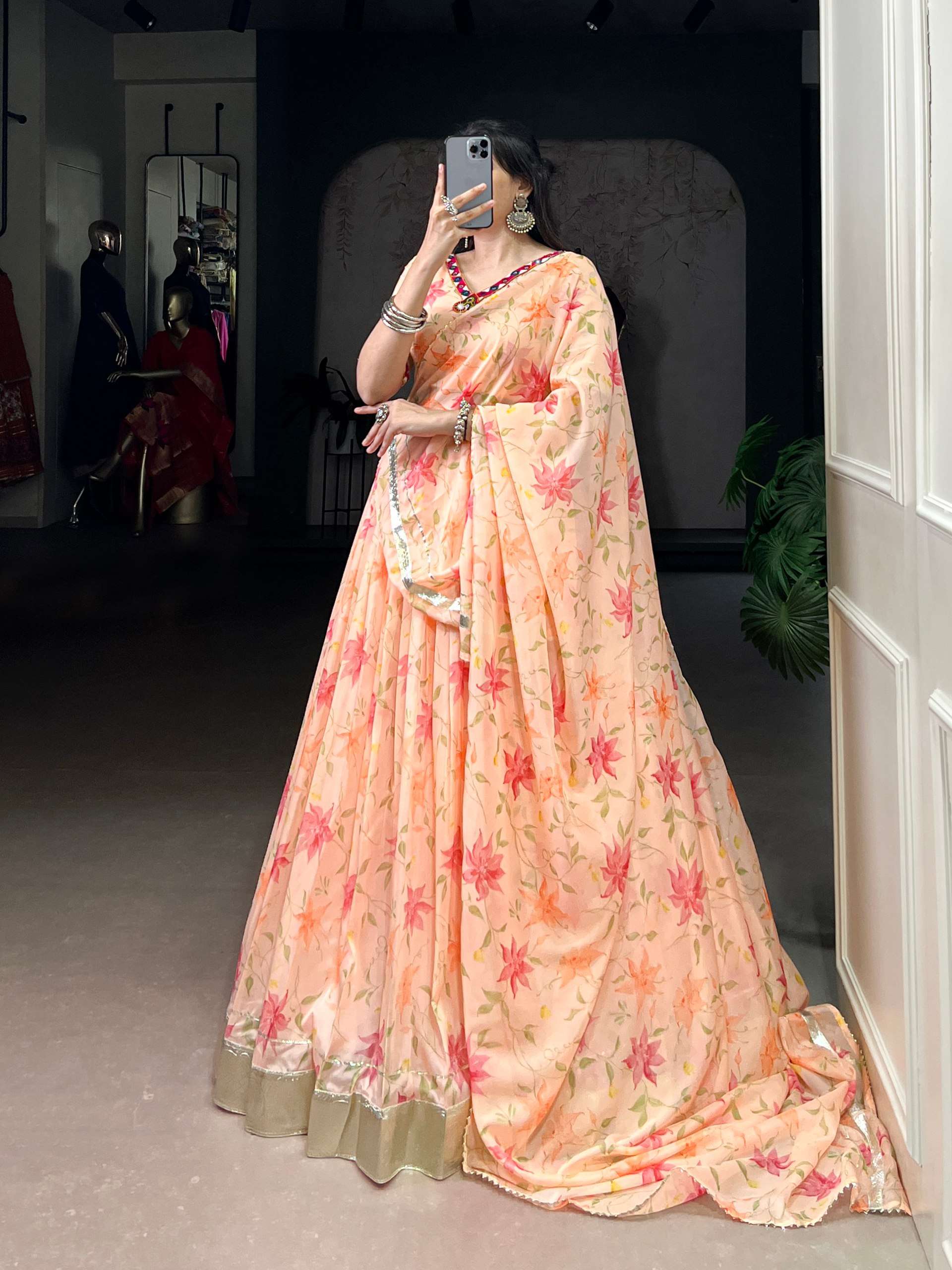BANDHANI PALACE 1716 TABBY SILK FLORAL PRINT EMBOSSED WORK READYMADE LEHENGA CHOLI SET 