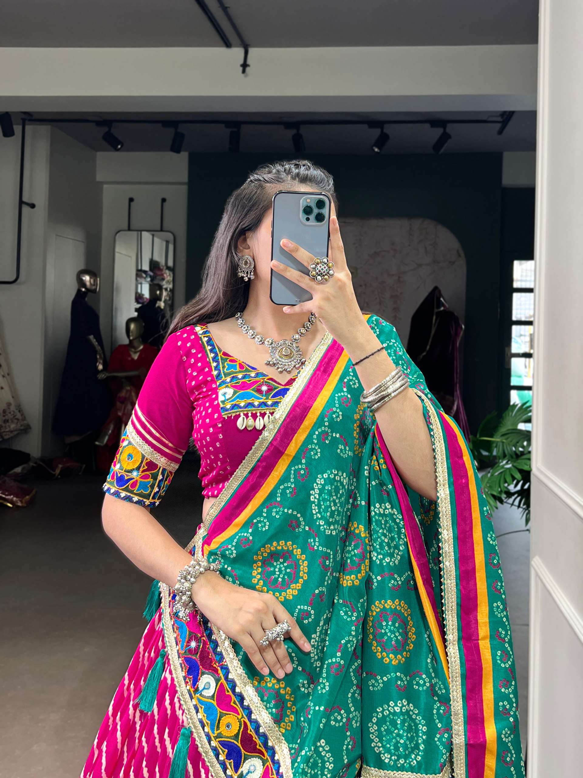 BANDHANI PALACE 1741 TUSSER SILK LEHERIYA PATOLA PRINT BORDER GAMTHI WORK READYMADE NAVRATRI LEHENGA CHOLI SET