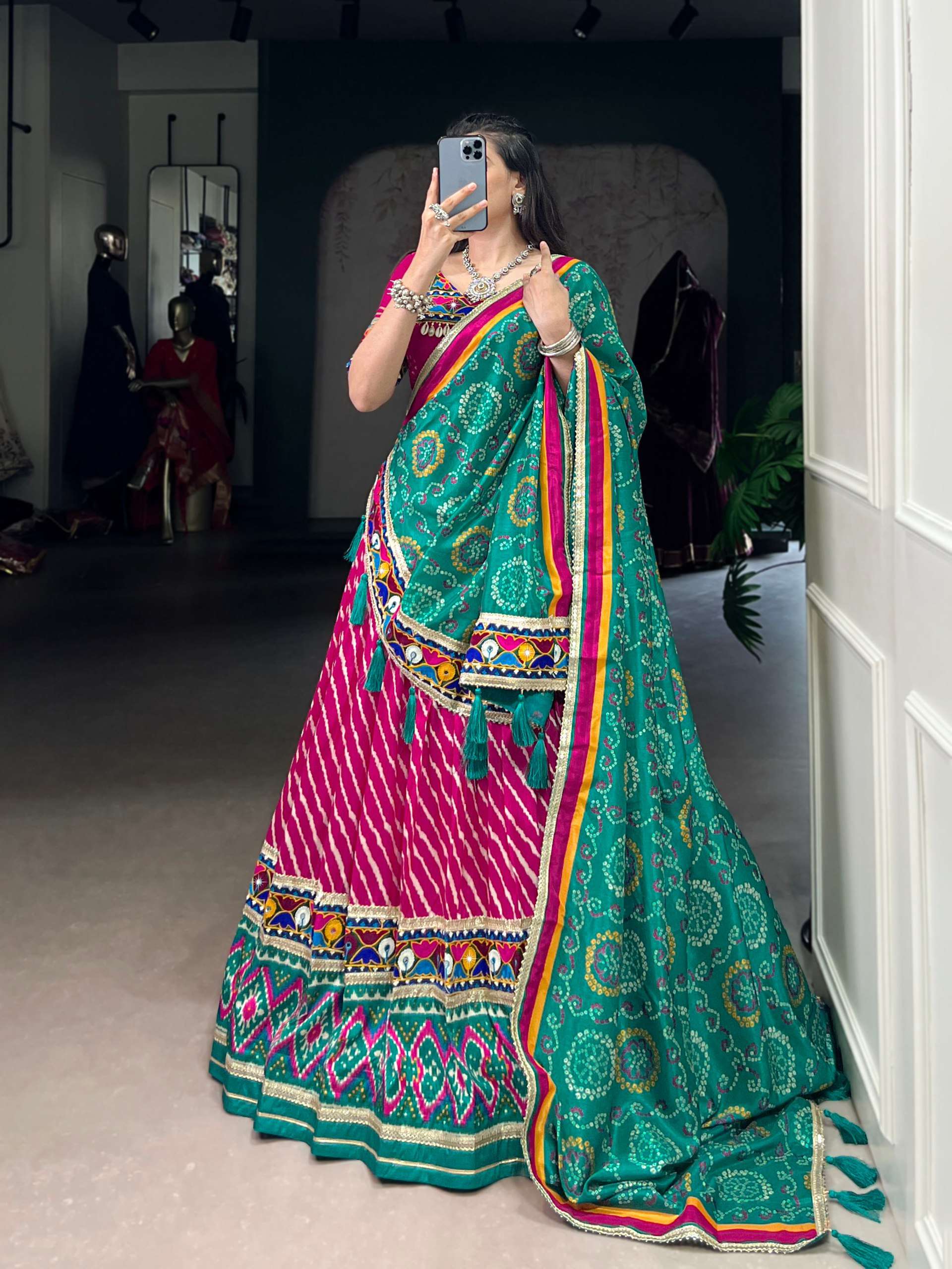BANDHANI PALACE 1741 TUSSER SILK LEHERIYA PATOLA PRINT BORDER GAMTHI WORK READYMADE NAVRATRI LEHENGA CHOLI SET