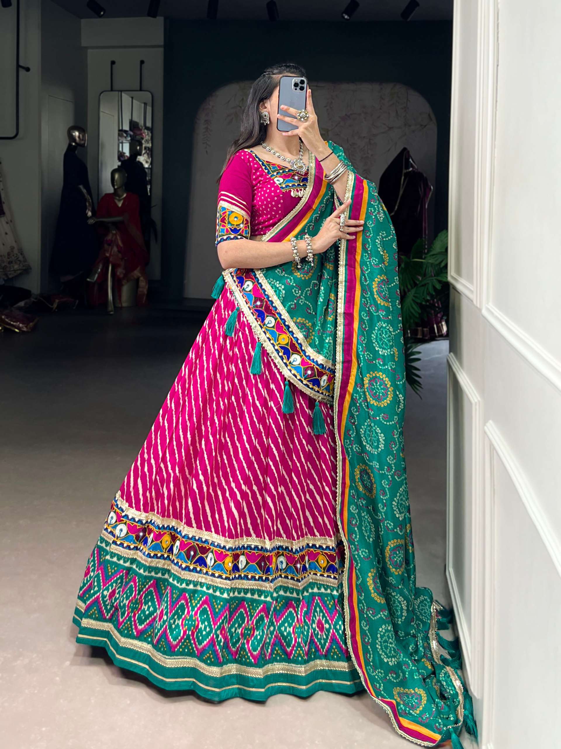 BANDHANI PALACE 1741 TUSSER SILK LEHERIYA PATOLA PRINT BORDER GAMTHI WORK READYMADE NAVRATRI LEHENGA CHOLI SET