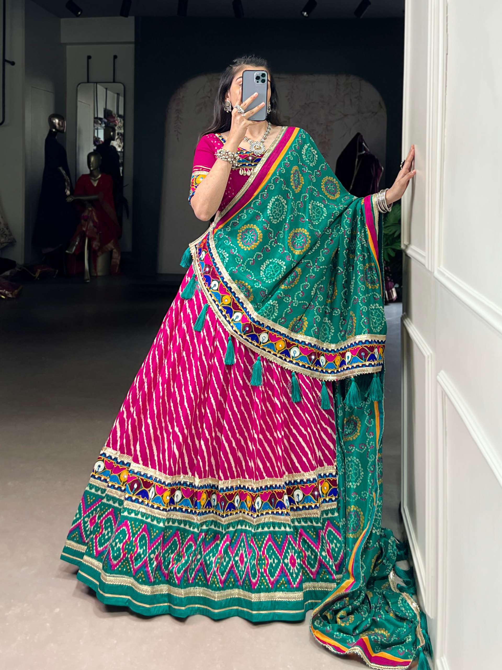 BANDHANI PALACE 1741 TUSSER SILK LEHERIYA PATOLA PRINT BORDER GAMTHI WORK READYMADE NAVRATRI LEHENGA CHOLI SET