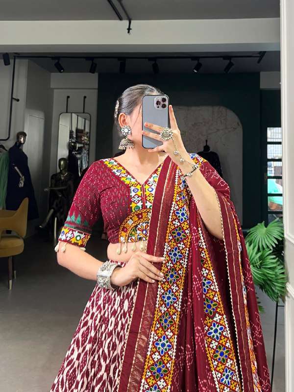 BANDHANI PALACE 1743 TUSSER SILK IKKAT PRINT FOIL MIRROR GAMTHI WORK READYMADE NAVRATRI LEHENGA CHOLI SET