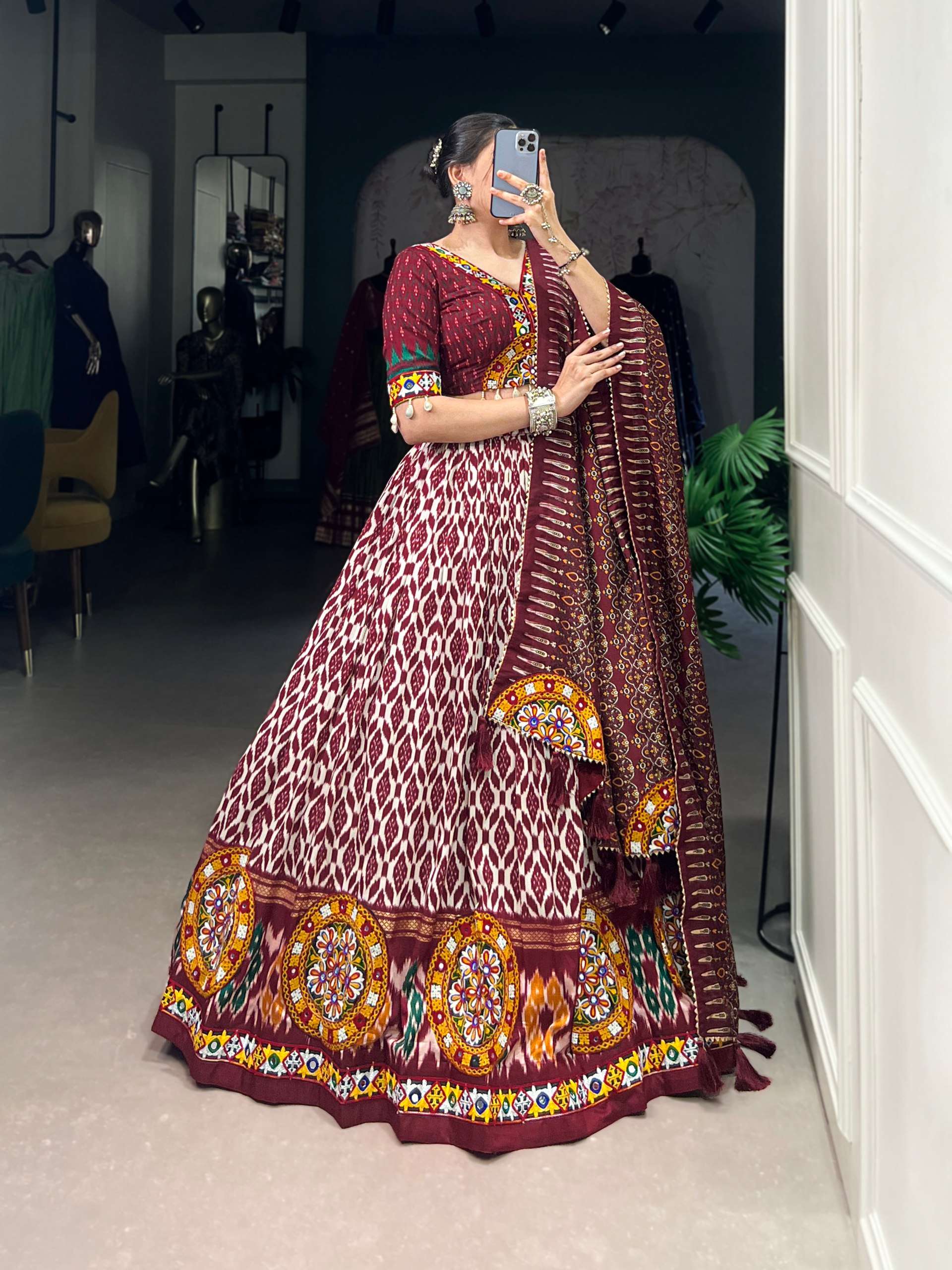 BANDHANI PALACE 1743 TUSSER SILK IKKAT PRINT FOIL MIRROR GAMTHI WORK READYMADE NAVRATRI LEHENGA CHOLI SET