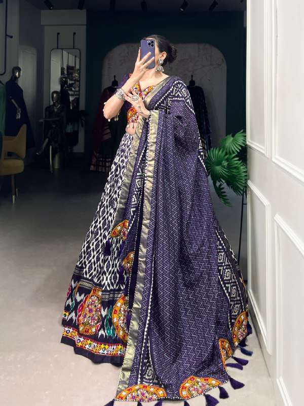 BANDHANI PALACE 1743 TUSSER SILK IKKAT PRINT FOIL MIRROR GAMTHI WORK READYMADE NAVRATRI LEHENGA CHOLI SET