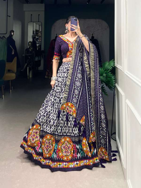 BANDHANI PALACE 1743 TUSSER SILK IKKAT PRINT FOIL MIRROR GAMTHI WORK READYMADE NAVRATRI LEHENGA CHOLI SET