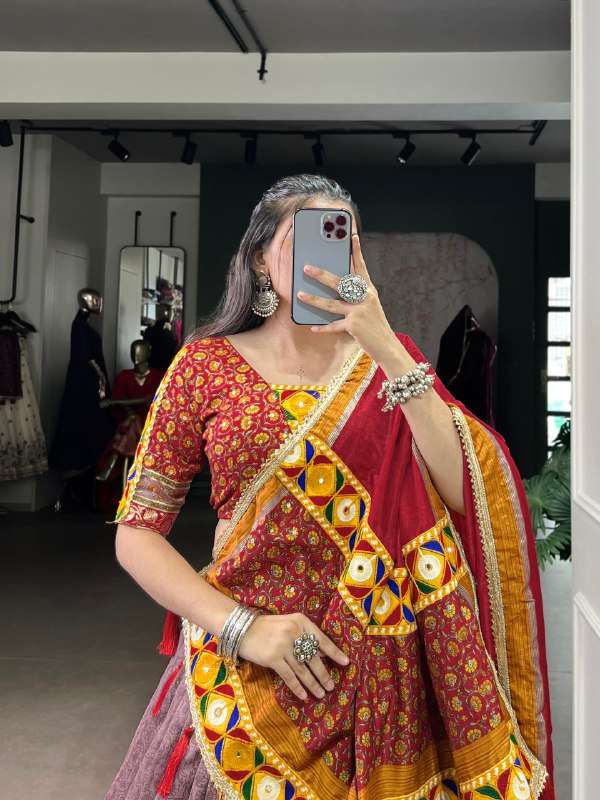 BANDHANI PALACE 7450 TUSSER SILK KASHMIRI PRINT FOIL PRINT MIRROR GAMTHI WORK READYMADE LEHENGA CHOLI SET 