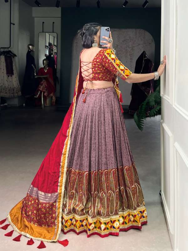 BANDHANI PALACE 7450 TUSSER SILK KASHMIRI PRINT FOIL PRINT MIRROR GAMTHI WORK READYMADE LEHENGA CHOLI SET 