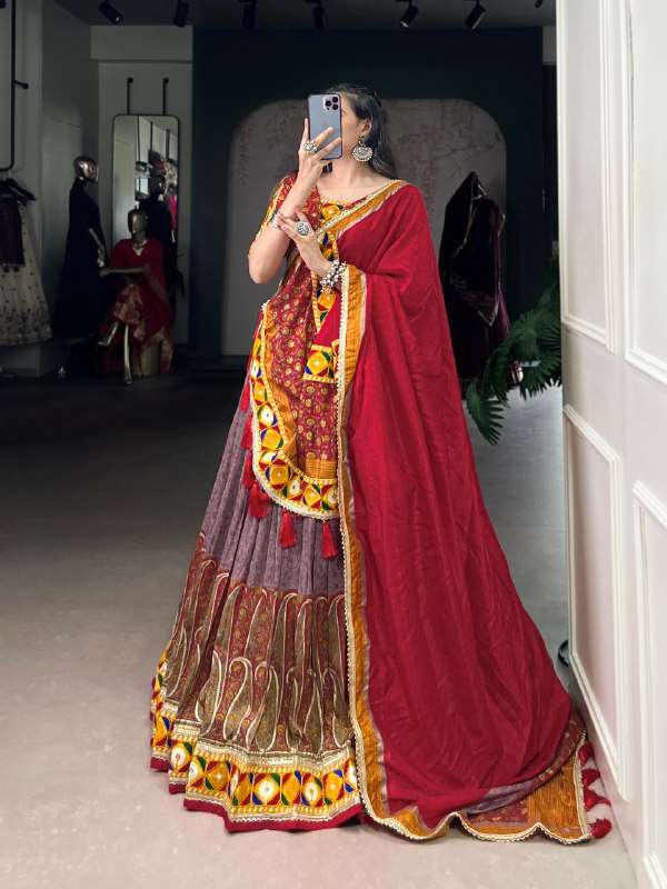 BANDHANI PALACE 7450 TUSSER SILK KASHMIRI PRINT FOIL PRINT MIRROR GAMTHI WORK READYMADE LEHENGA CHOLI SET 