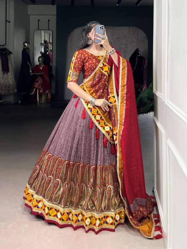 BANDHANI PALACE 7450 TUSSER SILK KASHMIRI PRINT FOIL PRINT MIRROR GAMTHI WORK READYMADE LEHENGA CHOLI SET 