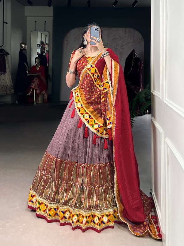 BANDHANI PALACE 7450 TUSSER SILK KASHMIRI PRINT FOIL PRINT MIRROR GAMTHI WORK READYMADE LEHENGA CHOLI SET 