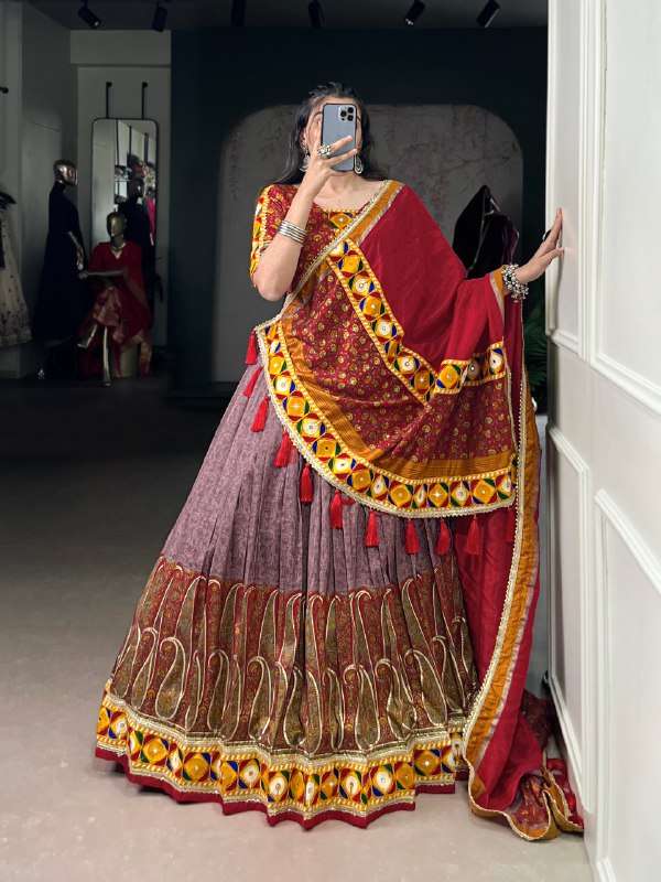BANDHANI PALACE 7450 TUSSER SILK KASHMIRI PRINT FOIL PRINT MIRROR GAMTHI WORK READYMADE LEHENGA CHOLI SET 