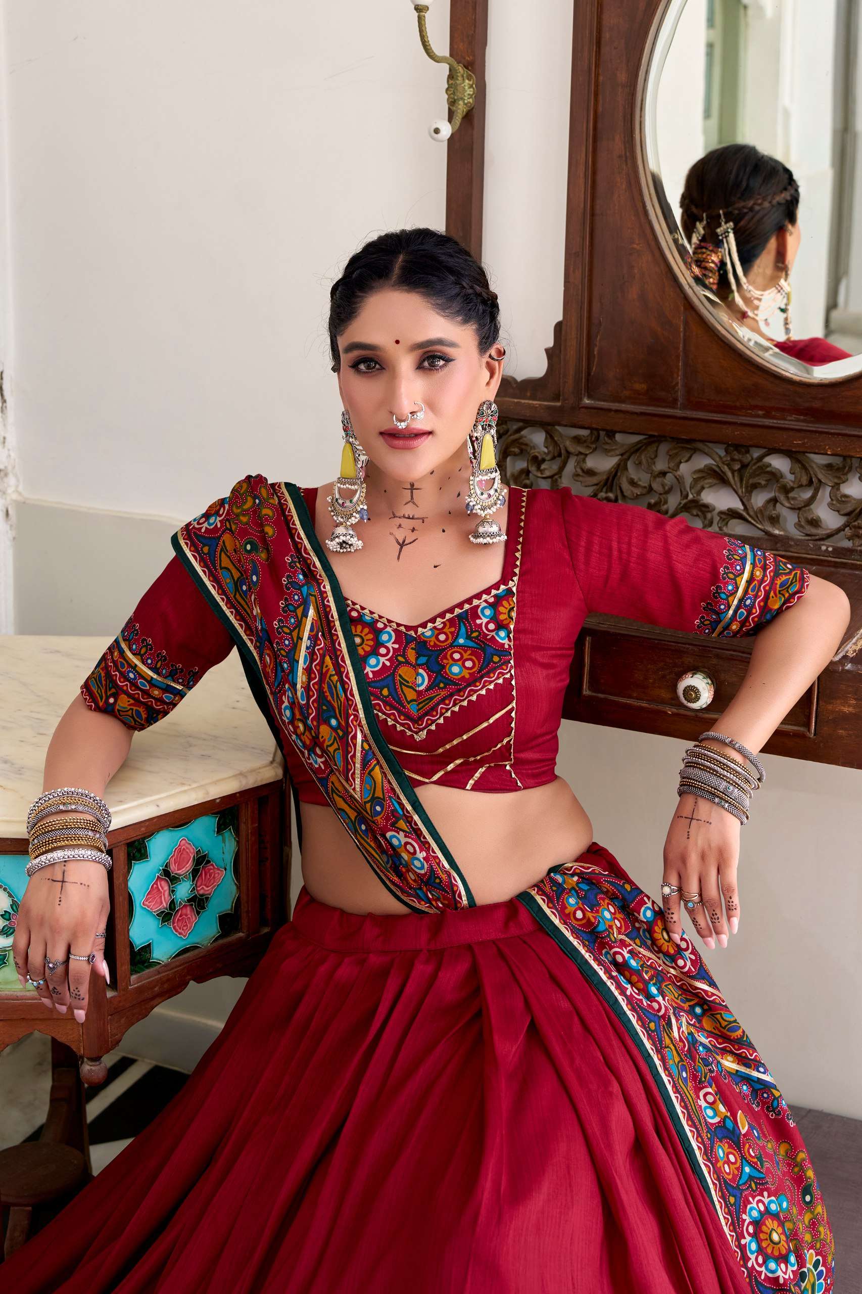 BANDHANI PALACE JOBANIYU 1243 TUSSER SILK GAMTHI PRINT EMBOSSED LEHENGA CHOLI SET
