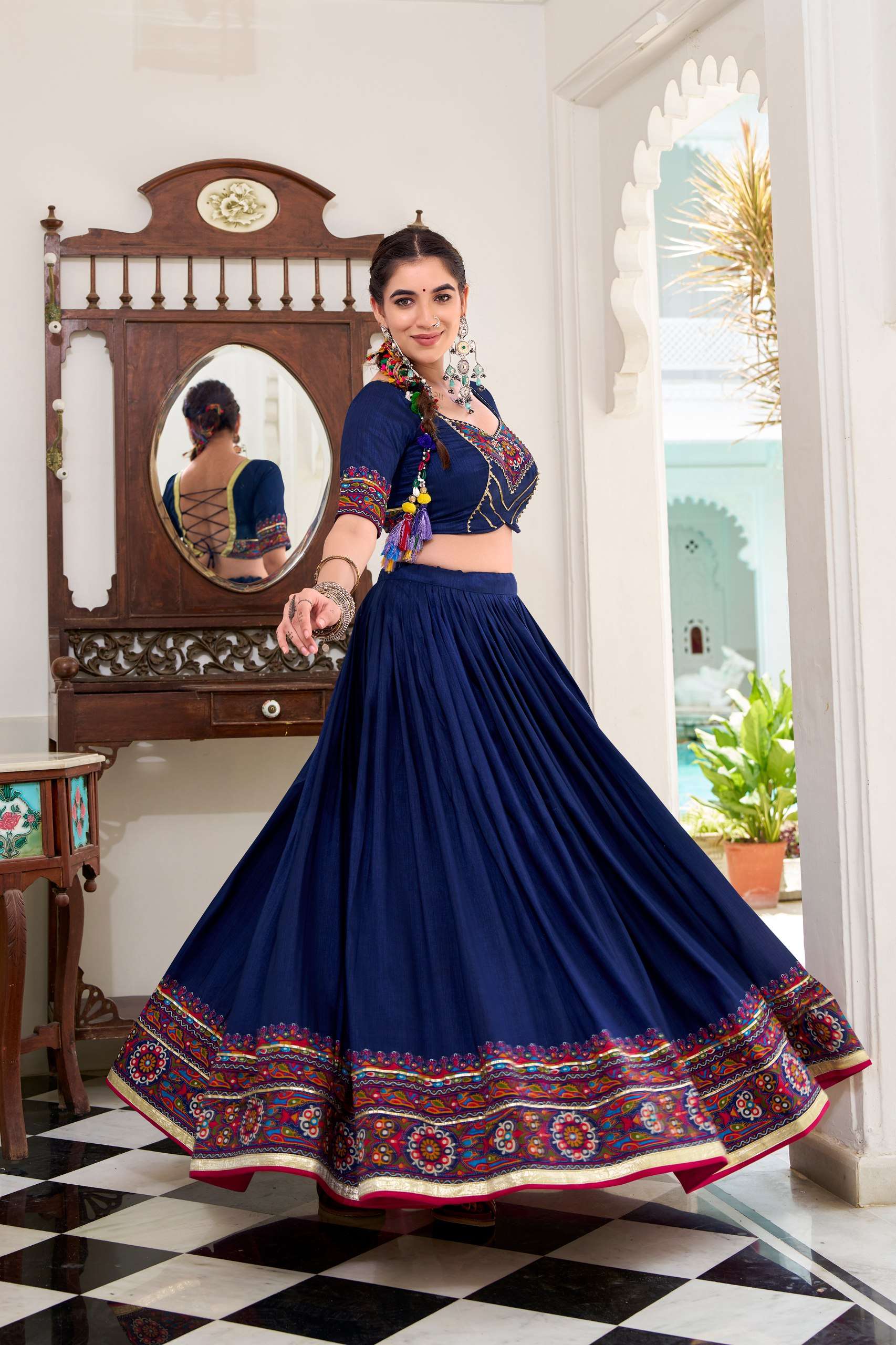 BANDHANI PALACE JOBANIYU 1243 TUSSER SILK GAMTHI PRINT EMBOSSED LEHENGA CHOLI SET