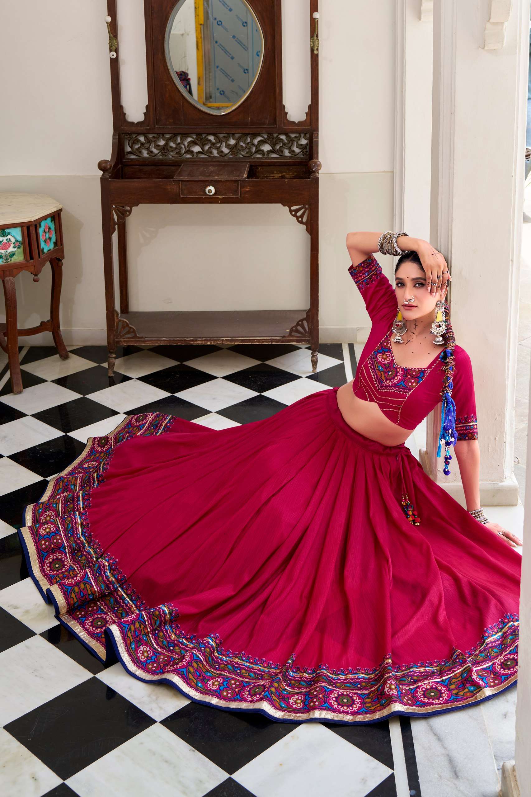 BANDHANI PALACE JOBANIYU 1243 TUSSER SILK GAMTHI PRINT EMBOSSED LEHENGA CHOLI SET