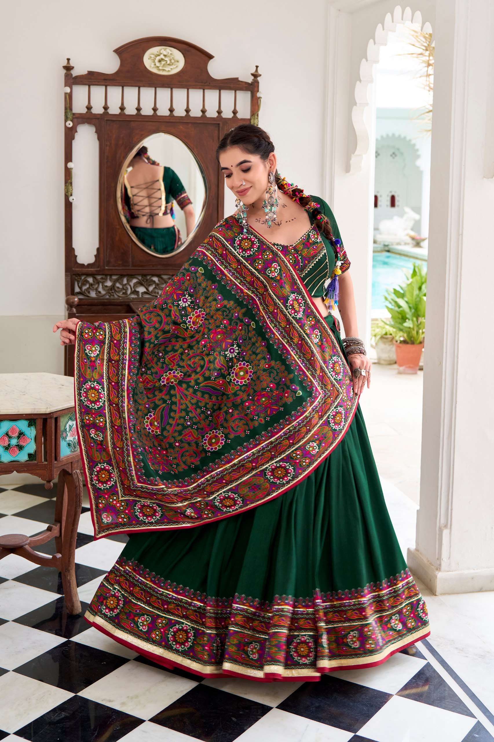 BANDHANI PALACE JOBANIYU 1243 TUSSER SILK GAMTHI PRINT EMBOSSED LEHENGA CHOLI SET