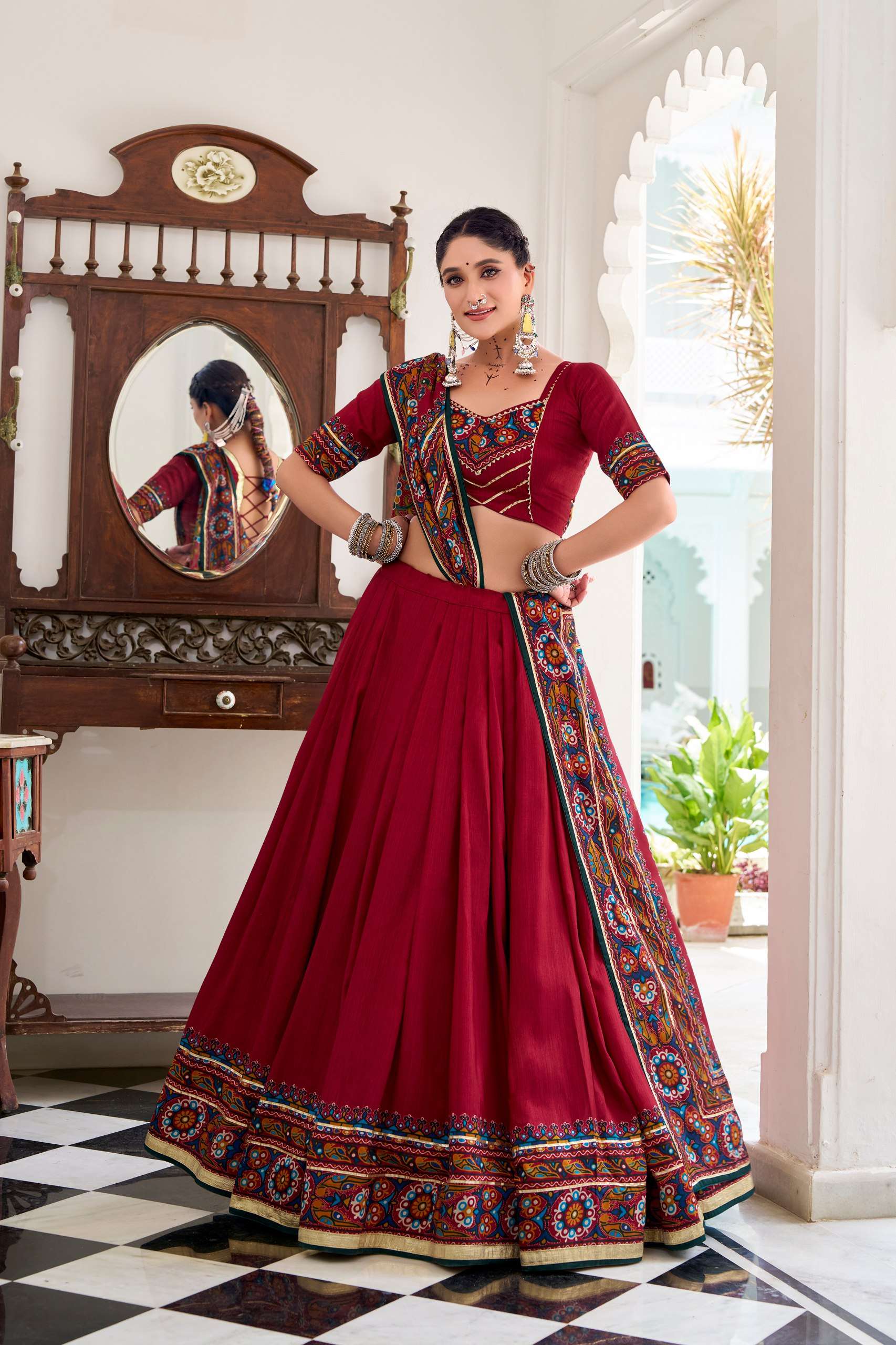 BANDHANI PALACE JOBANIYU 1243 TUSSER SILK GAMTHI PRINT EMBOSSED LEHENGA CHOLI SET