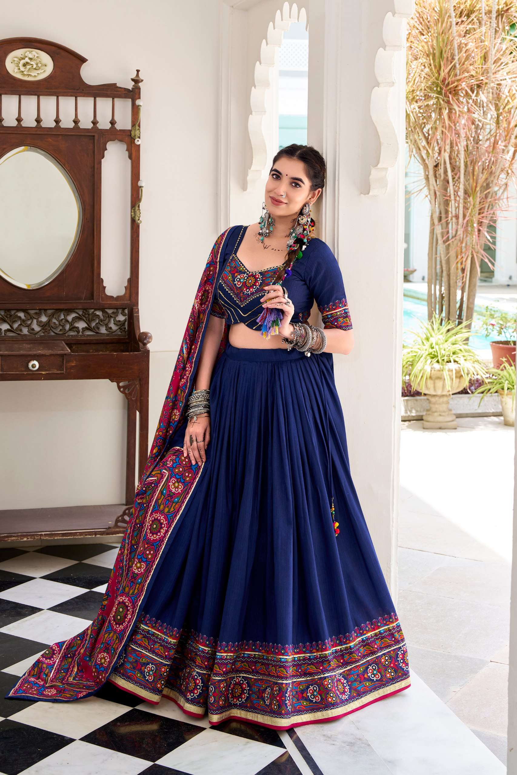 BANDHANI PALACE JOBANIYU 1243 TUSSER SILK GAMTHI PRINT EMBOSSED LEHENGA CHOLI SET