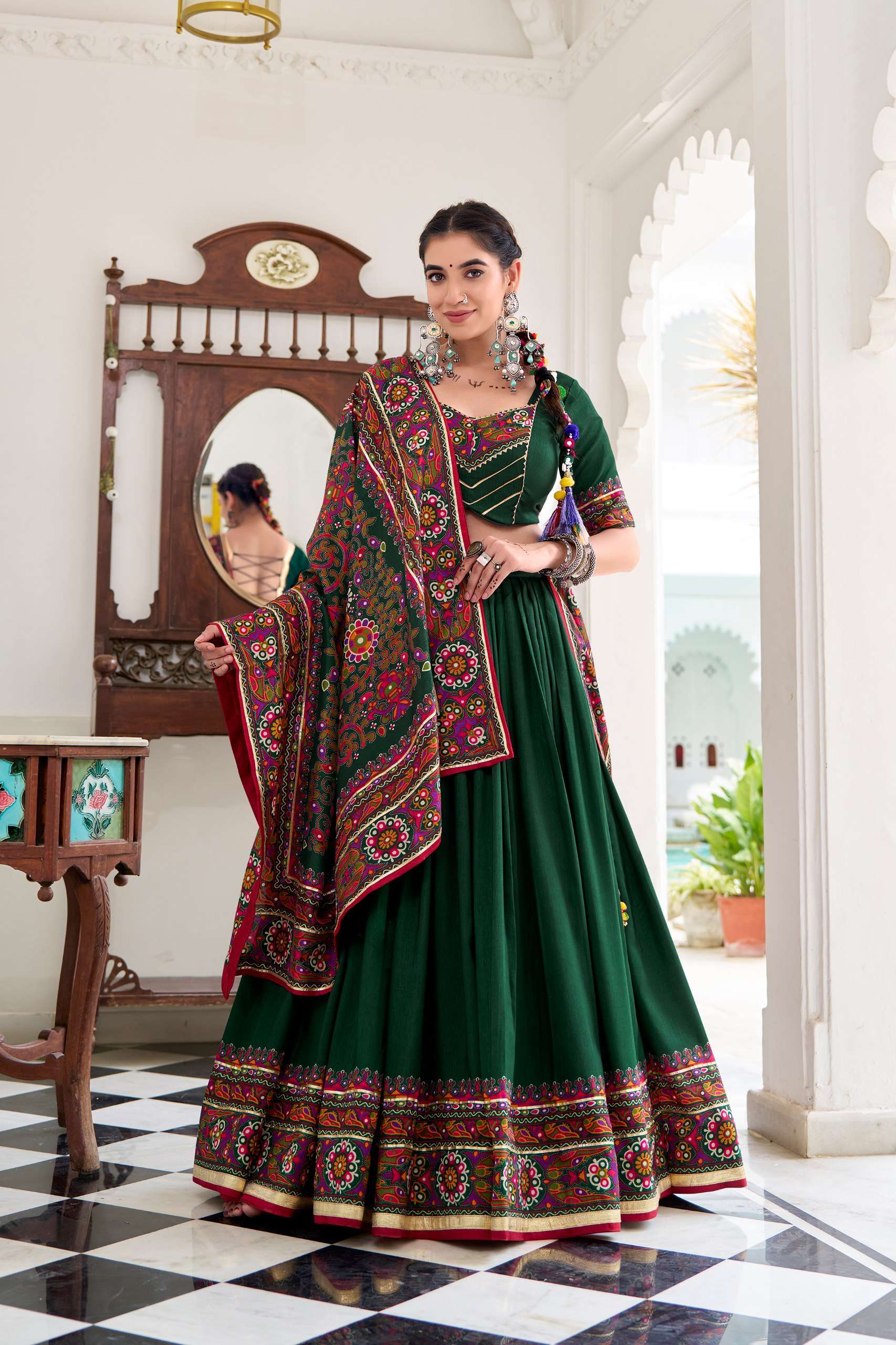 BANDHANI PALACE JOBANIYU 1243 TUSSER SILK GAMTHI PRINT EMBOSSED LEHENGA CHOLI SET