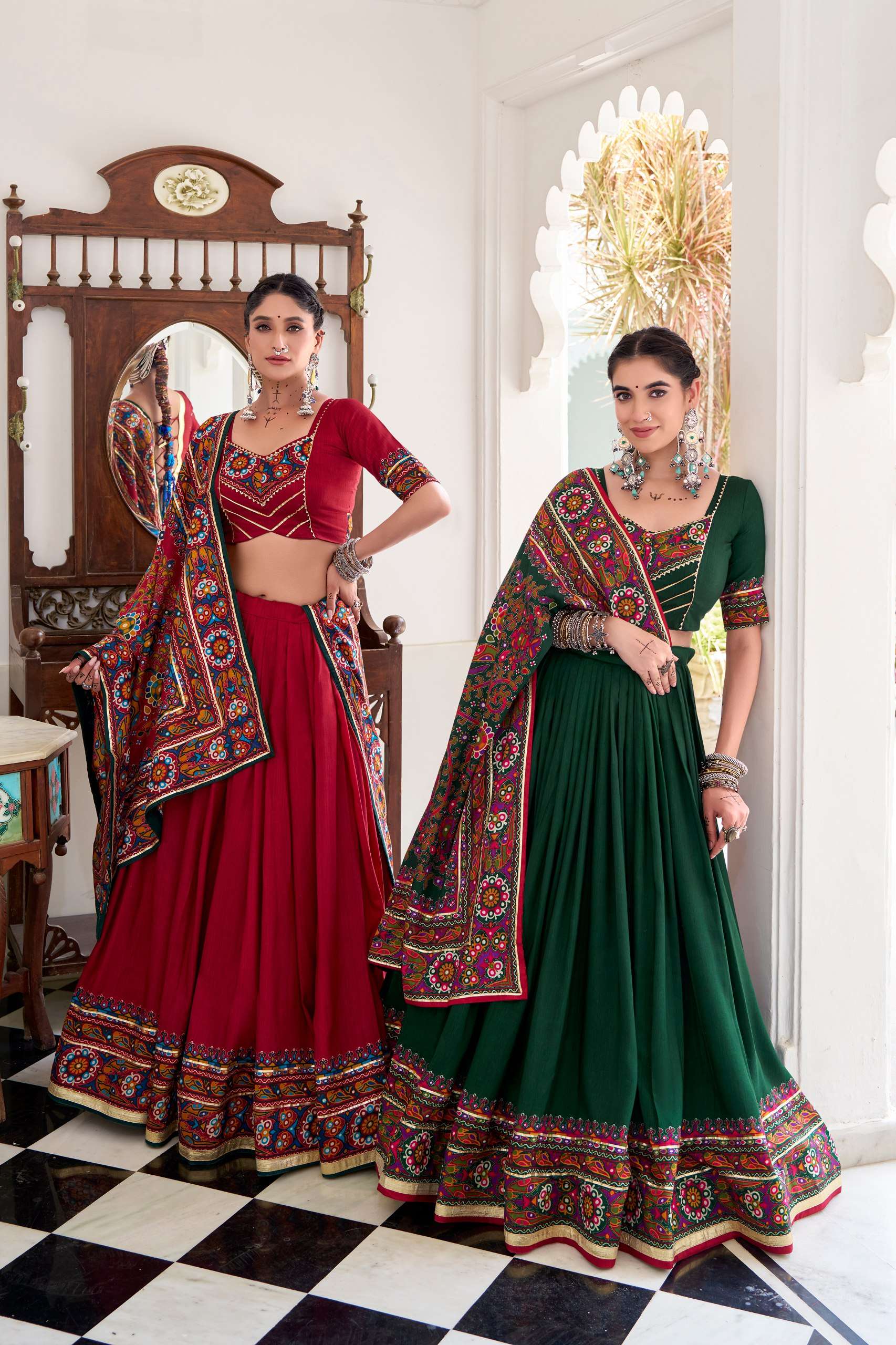 BANDHANI PALACE JOBANIYU 1243 TUSSER SILK GAMTHI PRINT EMBOSSED LEHENGA CHOLI SET
