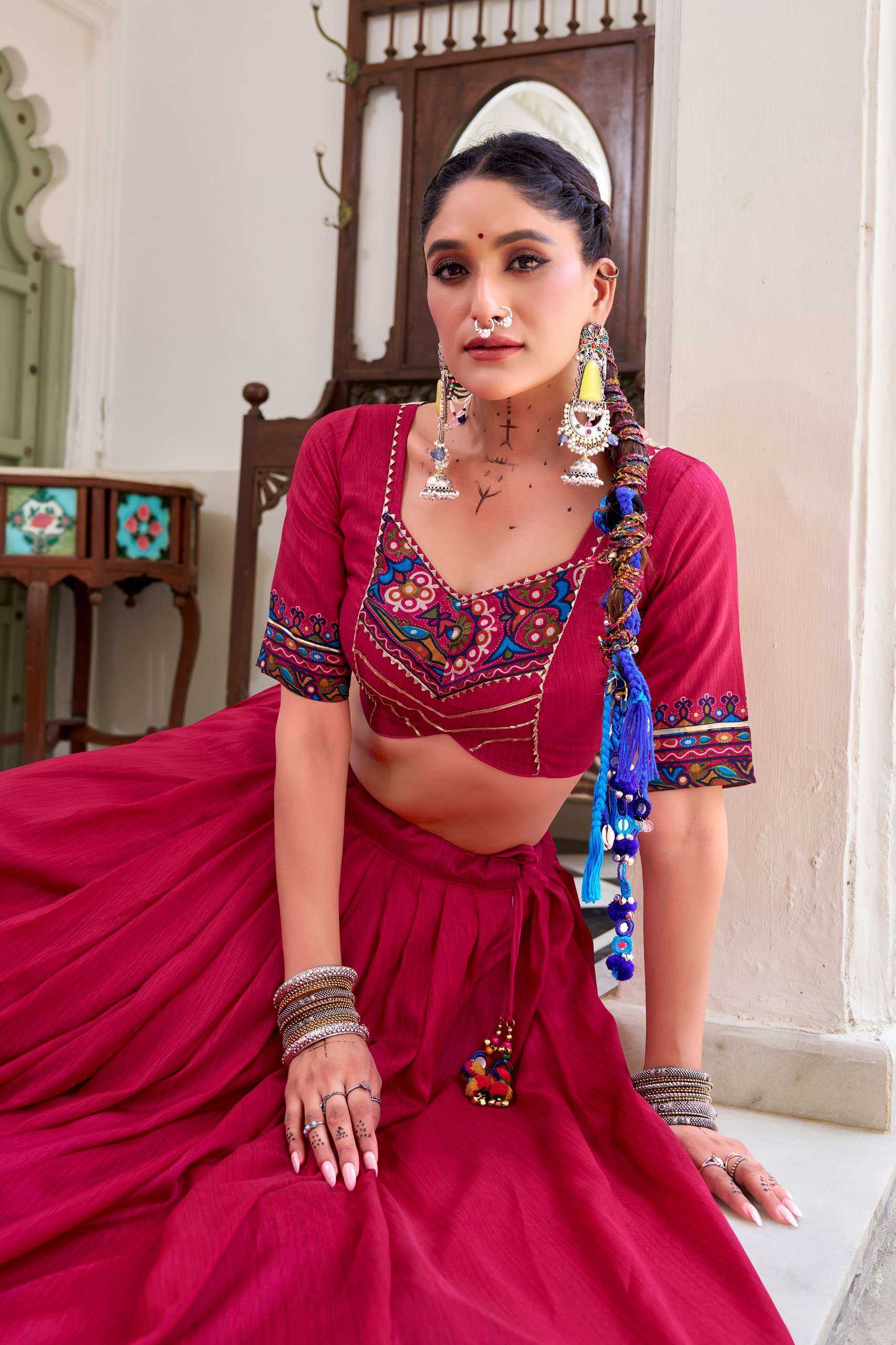 BANDHANI PALACE JOBANIYU 1243 TUSSER SILK GAMTHI PRINT EMBOSSED LEHENGA CHOLI SET