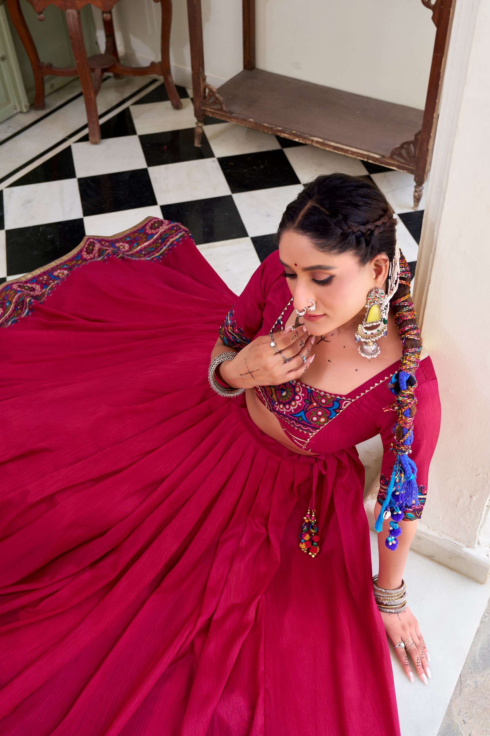 BANDHANI PALACE JOBANIYU 1243 TUSSER SILK GAMTHI PRINT EMBOSSED LEHENGA CHOLI SET