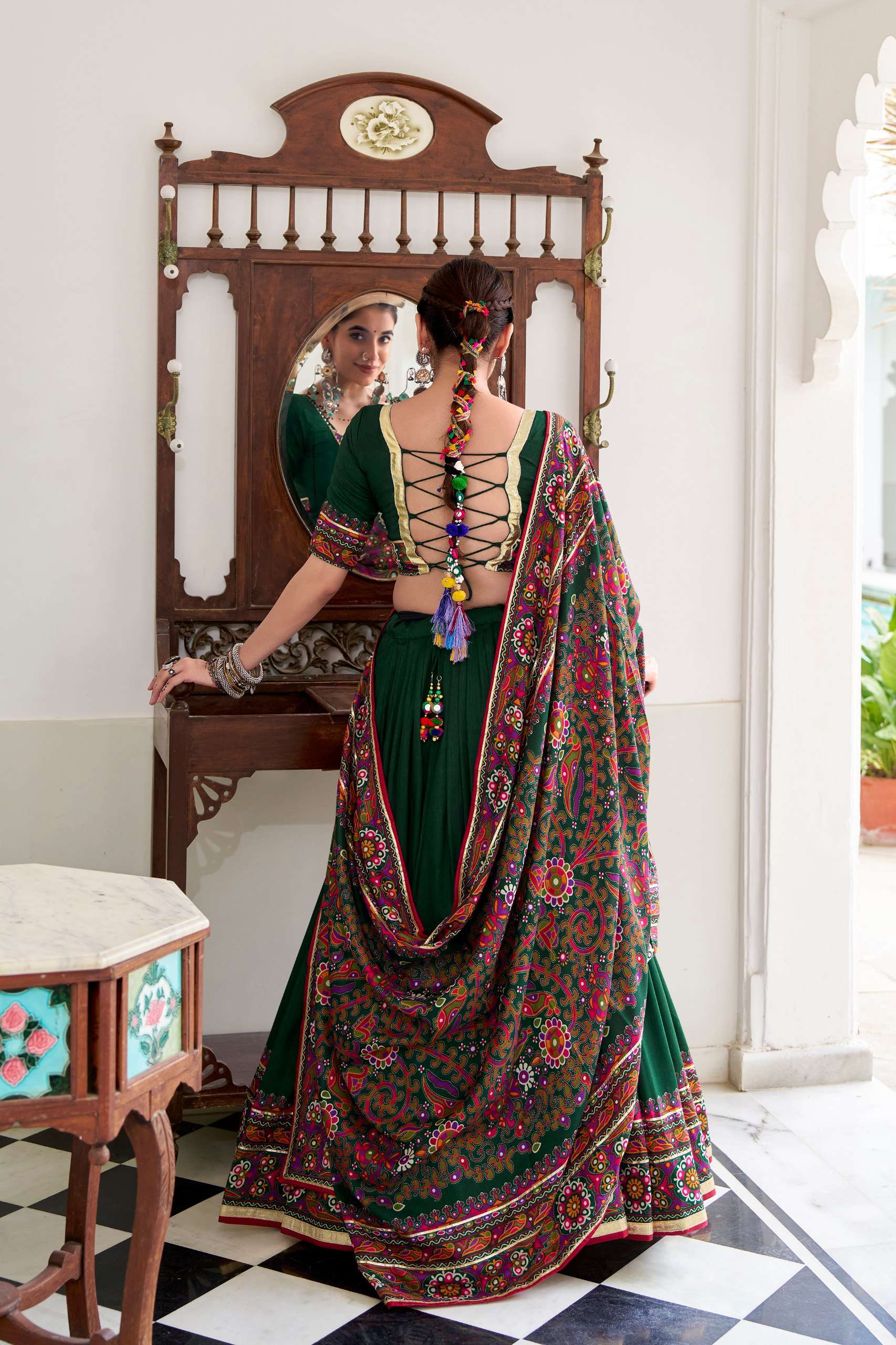 BANDHANI PALACE JOBANIYU 1243 TUSSER SILK GAMTHI PRINT EMBOSSED LEHENGA CHOLI SET