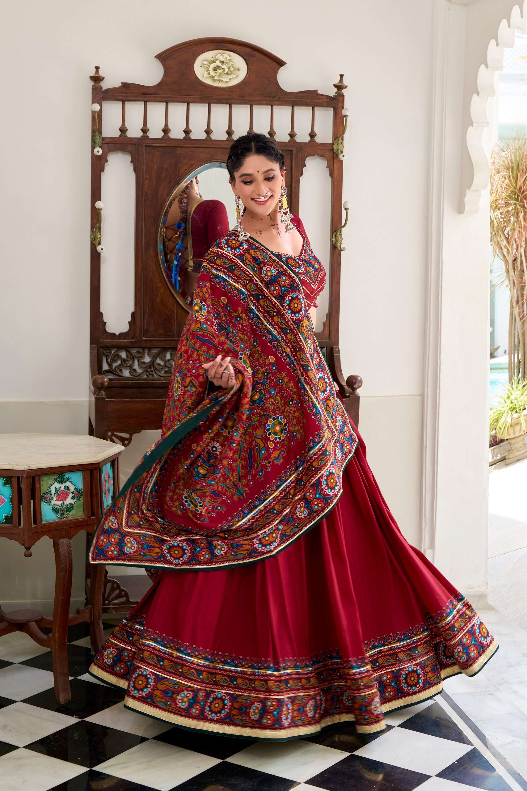 BANDHANI PALACE JOBANIYU 1243 TUSSER SILK GAMTHI PRINT EMBOSSED LEHENGA CHOLI SET