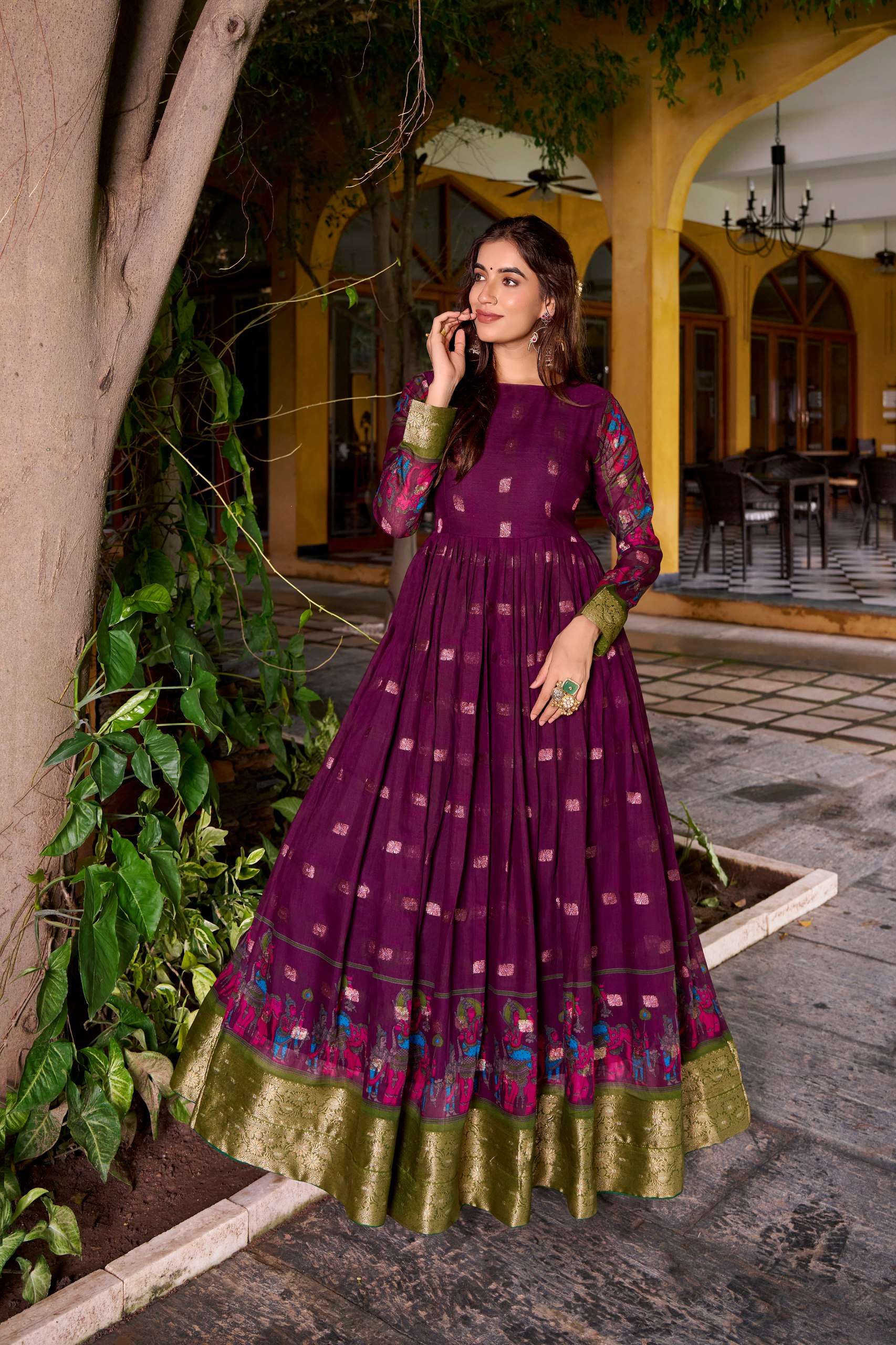 BANDHANI PALACE TANIRA 5034 POLYESTER VISCOSE CHANDERI PRINTED ZARI WEAVING WORK READYMADE STITCHED GOWN