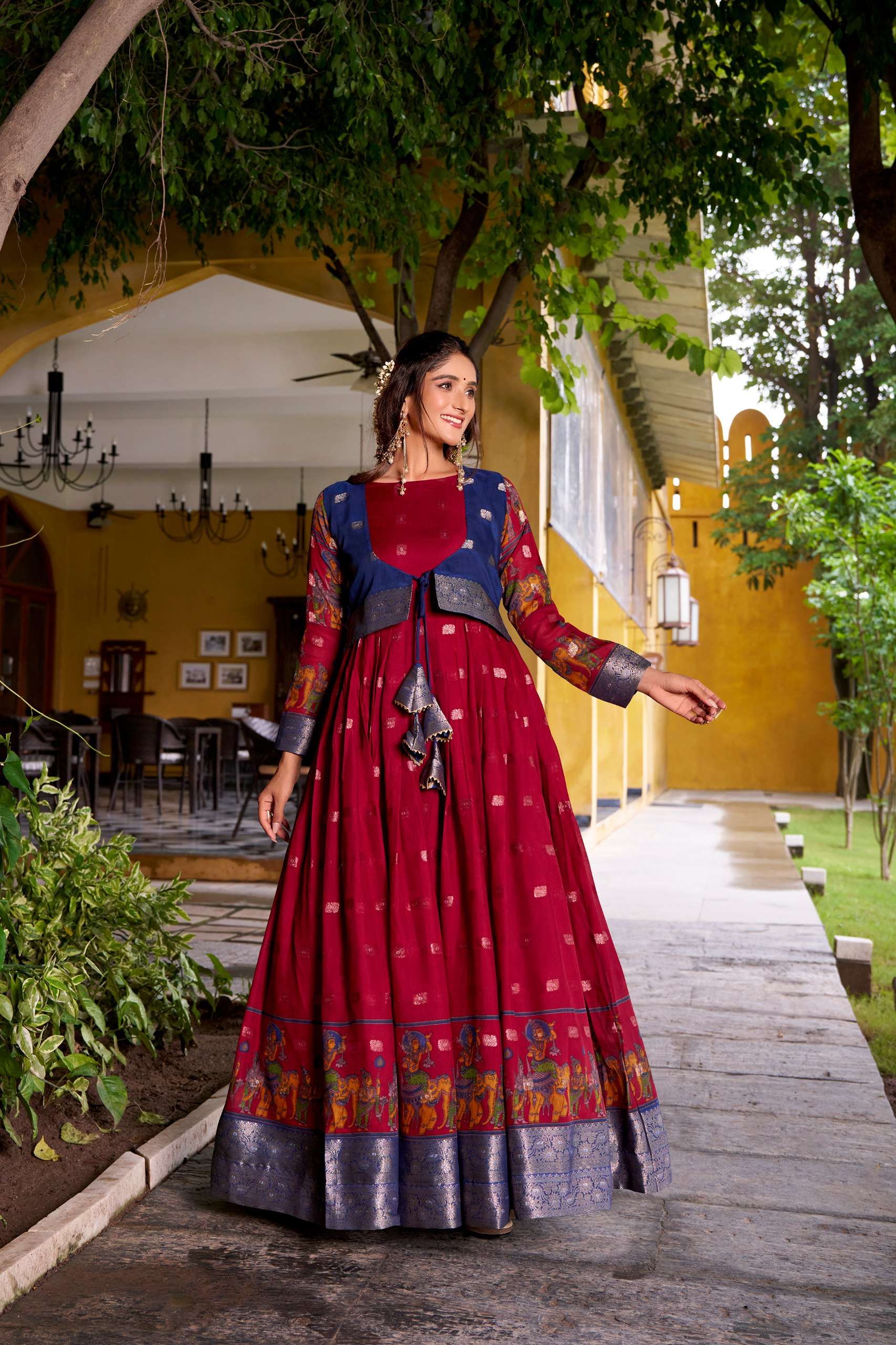 BANDHANI PALACE TANIRA 5034 POLYESTER VISCOSE CHANDERI PRINTED ZARI WEAVING WORK READYMADE STITCHED GOWN