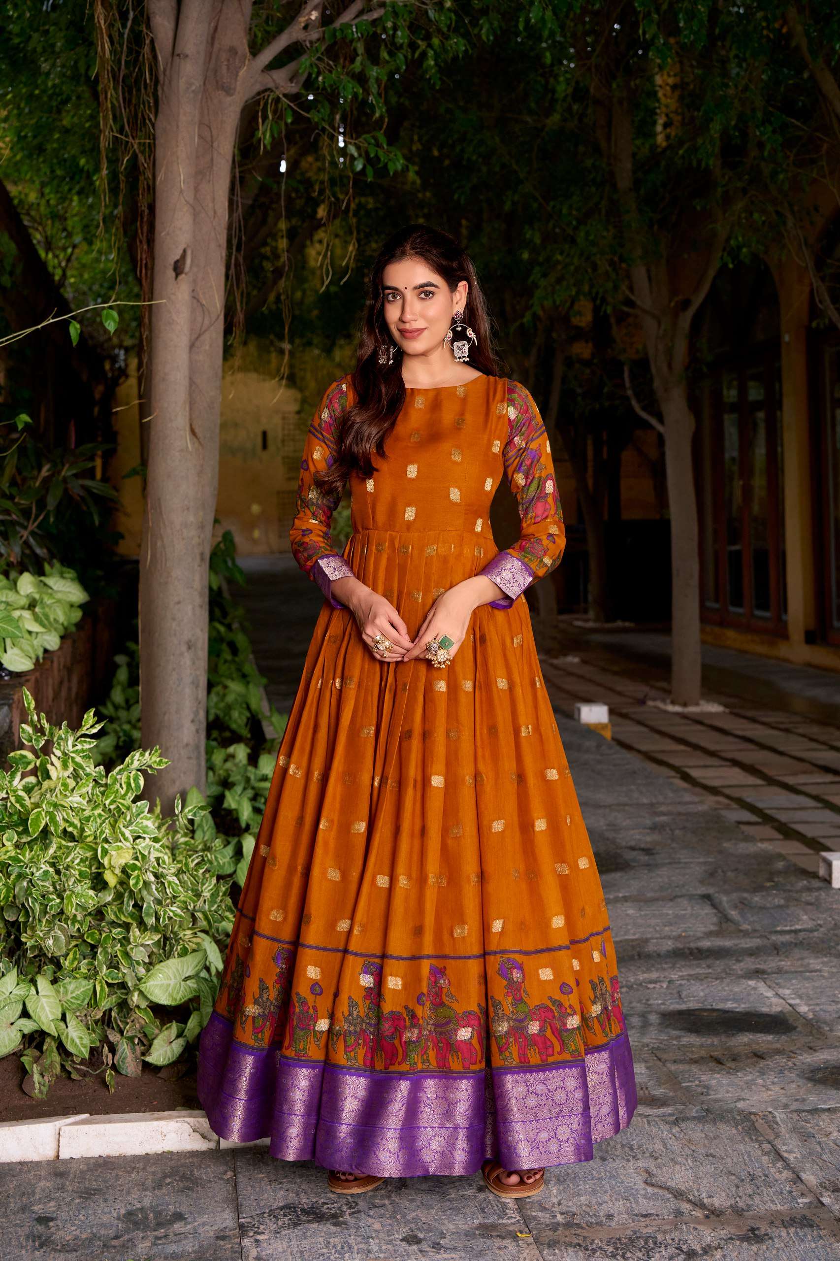 BANDHANI PALACE TANIRA 5034 POLYESTER VISCOSE CHANDERI PRINTED ZARI WEAVING WORK READYMADE STITCHED GOWN