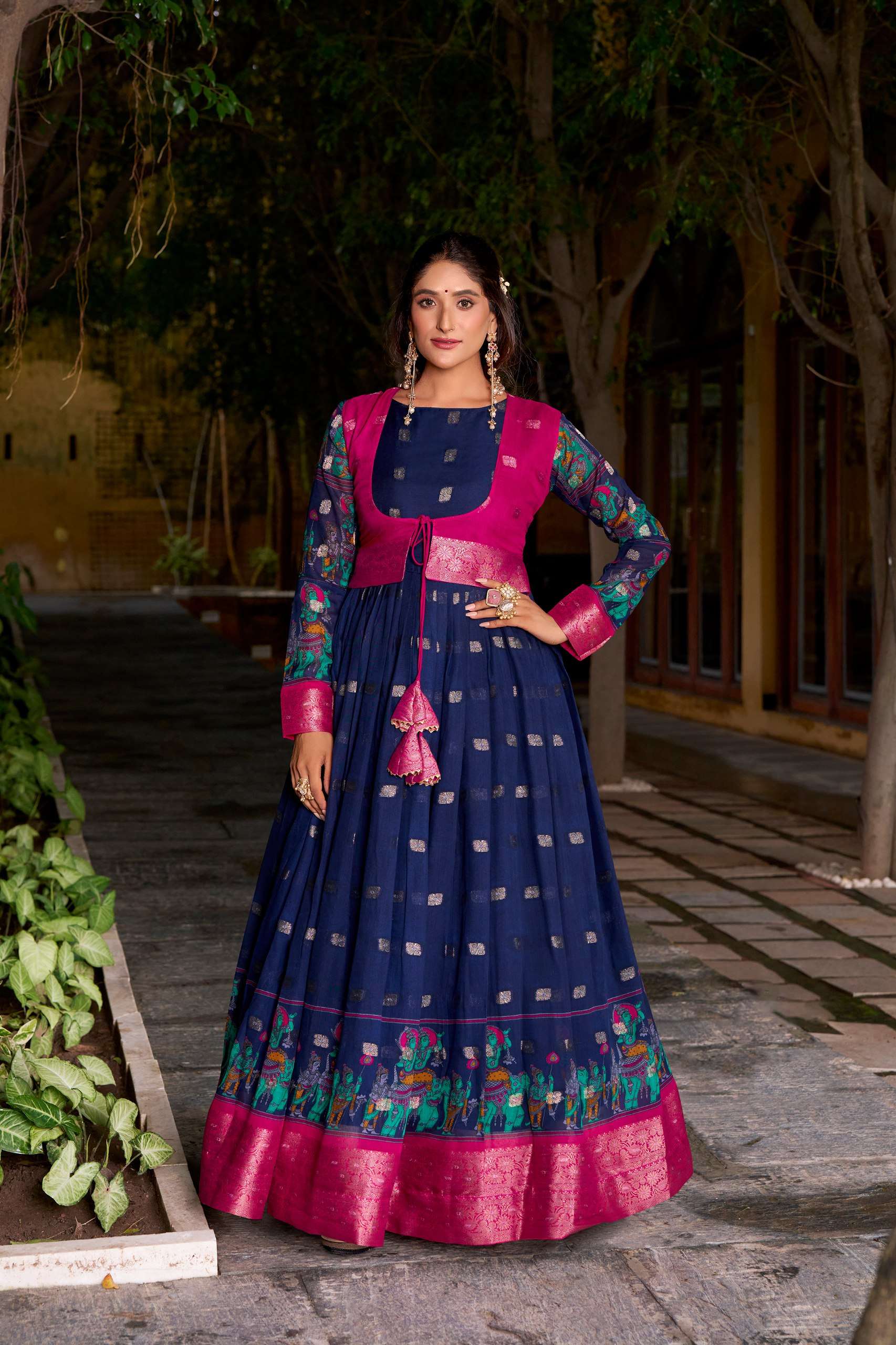 BANDHANI PALACE TANIRA 5034 POLYESTER VISCOSE CHANDERI PRINTED ZARI WEAVING WORK READYMADE STITCHED GOWN