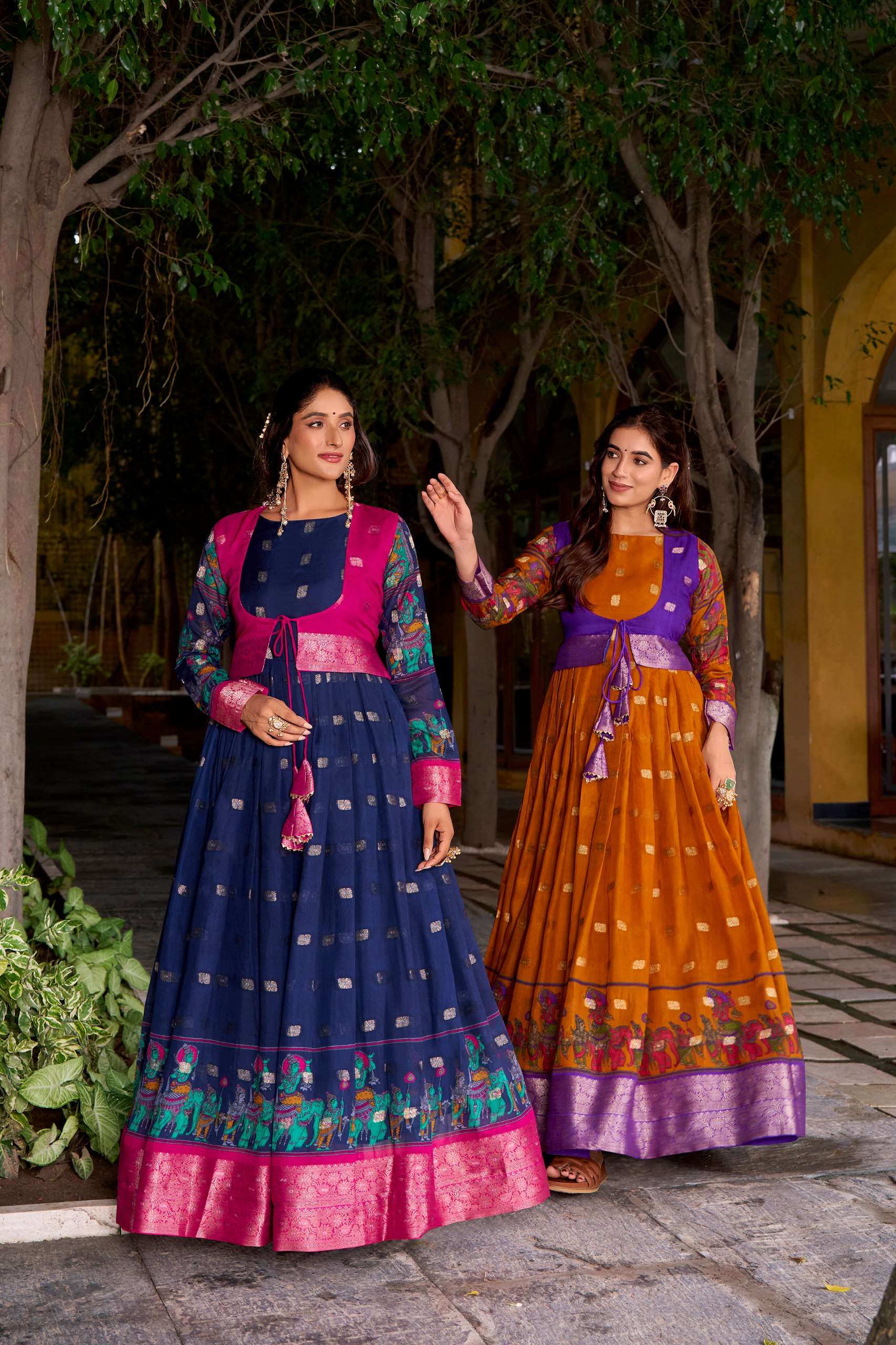 BANDHANI PALACE TANIRA 5034 POLYESTER VISCOSE CHANDERI PRINTED ZARI WEAVING WORK READYMADE STITCHED GOWN