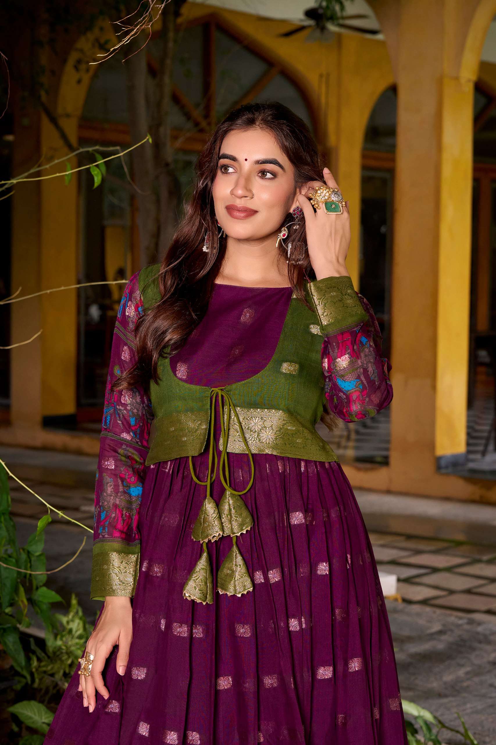 BANDHANI PALACE TANIRA 5034 POLYESTER VISCOSE CHANDERI PRINTED ZARI WEAVING WORK READYMADE STITCHED GOWN