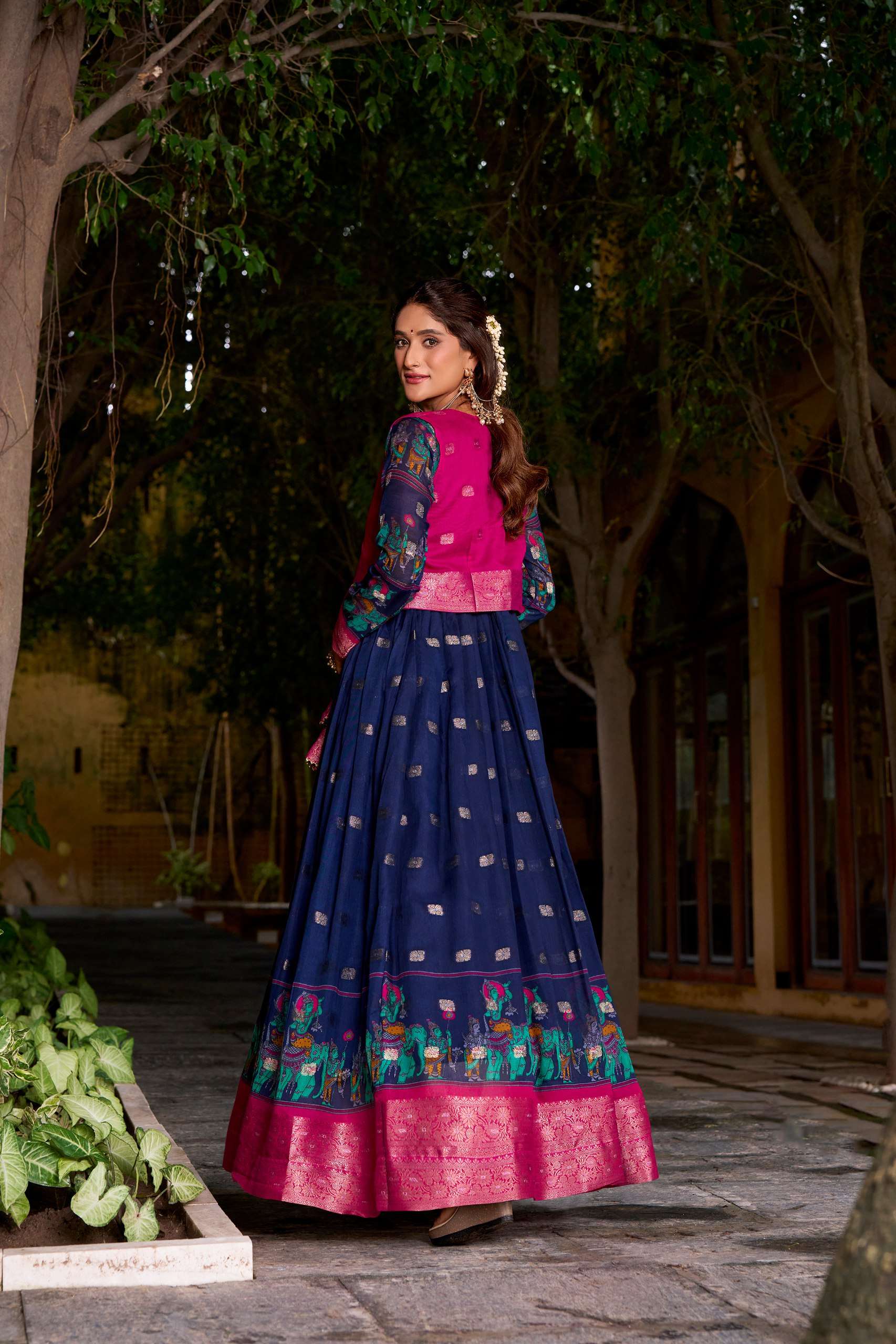 BANDHANI PALACE TANIRA 5034 POLYESTER VISCOSE CHANDERI PRINTED ZARI WEAVING WORK READYMADE STITCHED GOWN